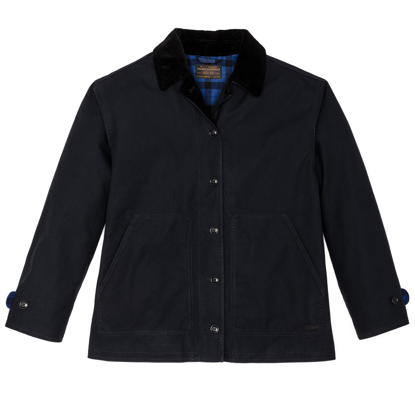 Front-facing image of the Filson Women's Dry Tin Barn Coat - Navy