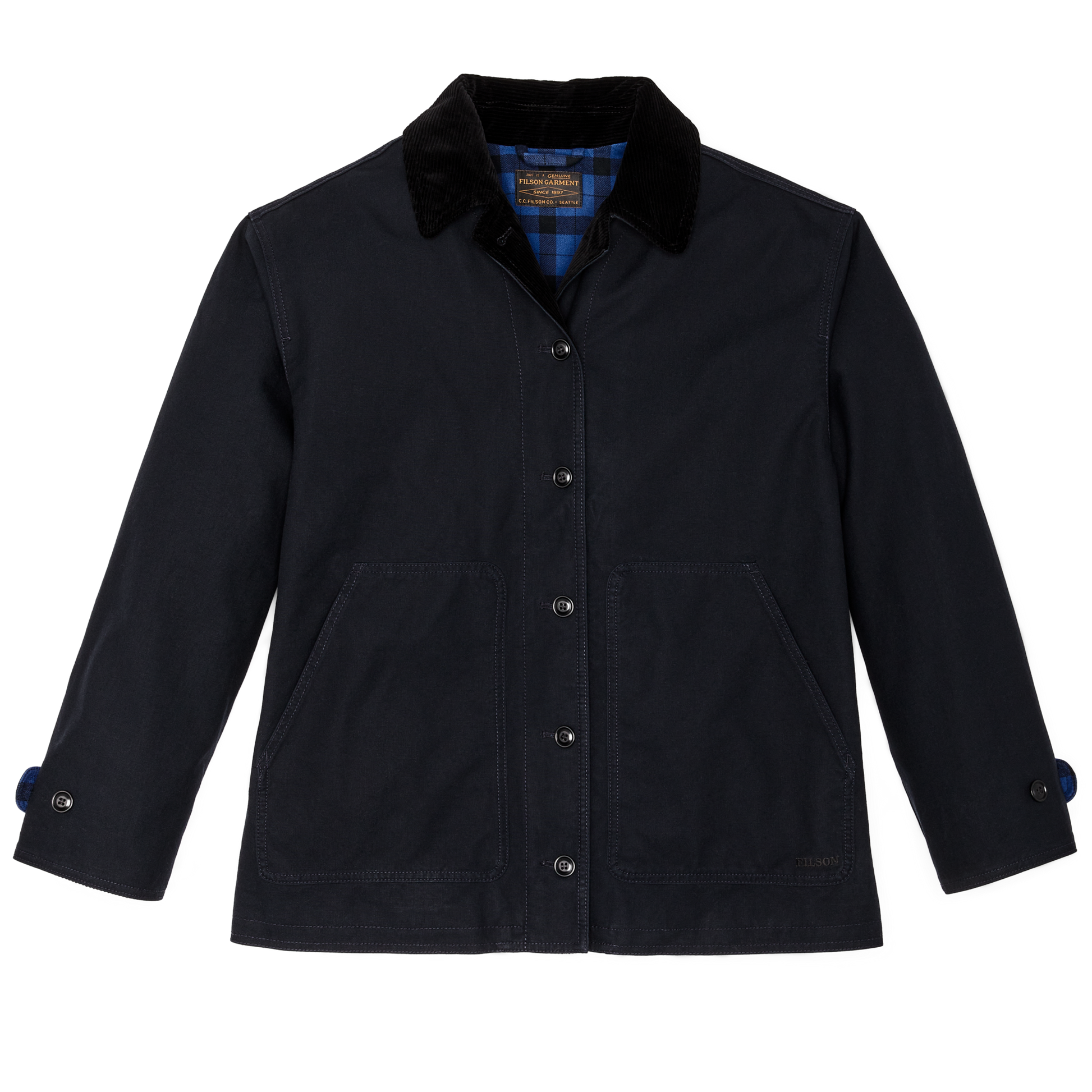 Front-facing image of the Filson Women's Dry Tin Barn Coat - Navy