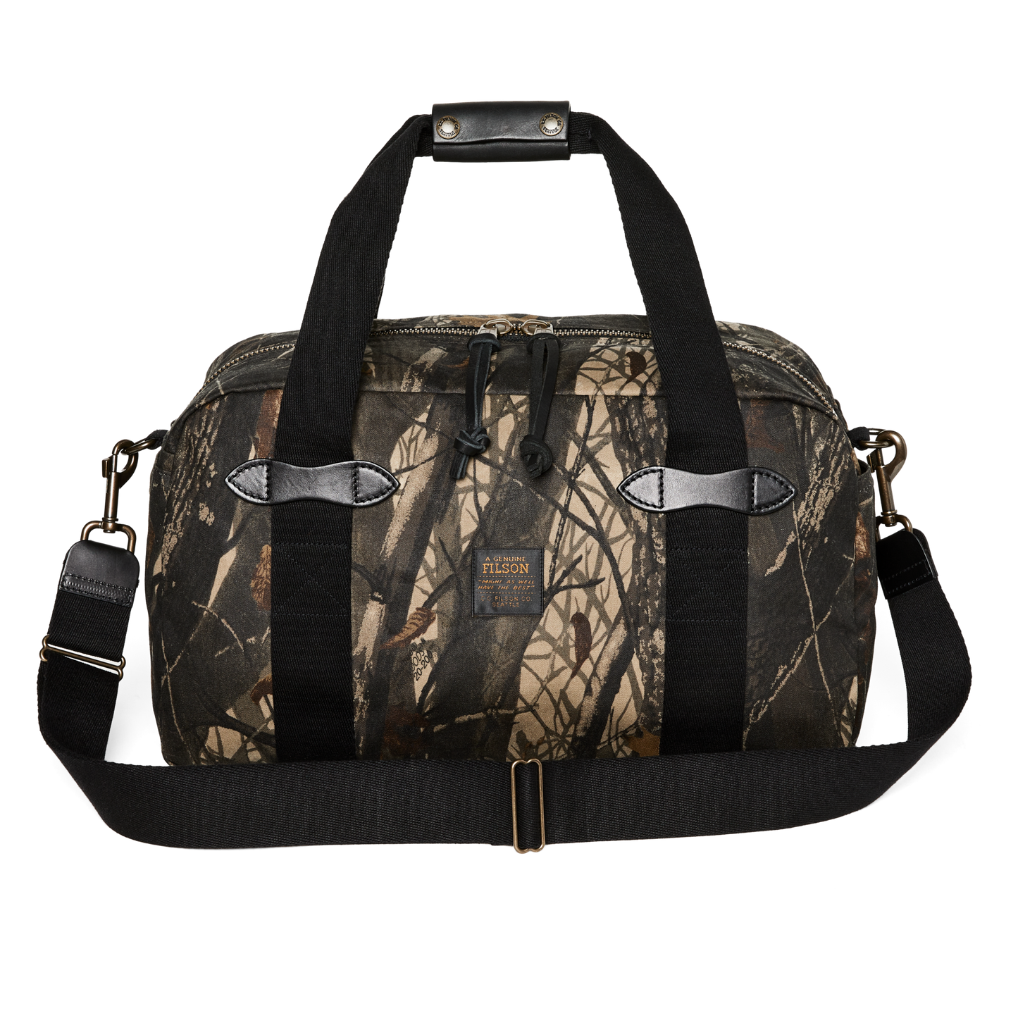 Front-facing image of the Filson Small Tin Cloth Duffle Bag - Realtree Hardwoods Camo