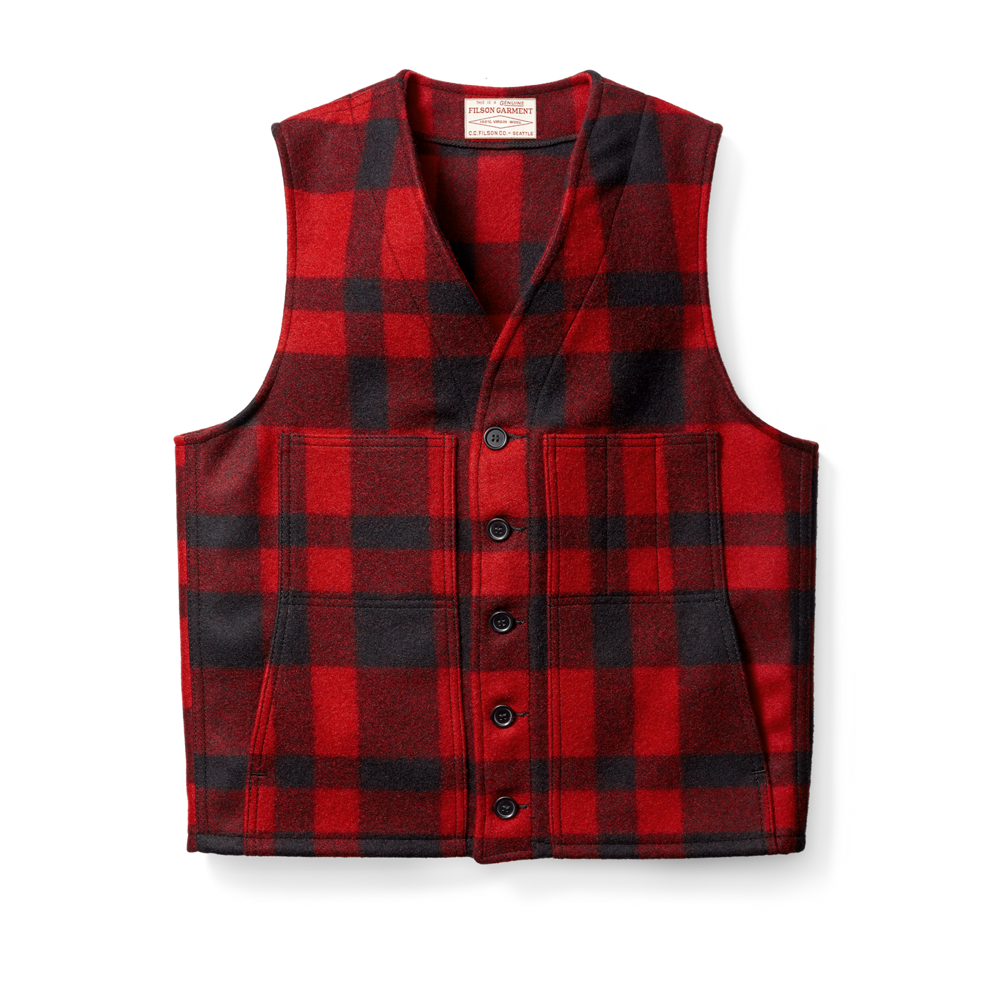 Front-facing image of the Filson Mackinaw Wool Vest - Red/black Plaid