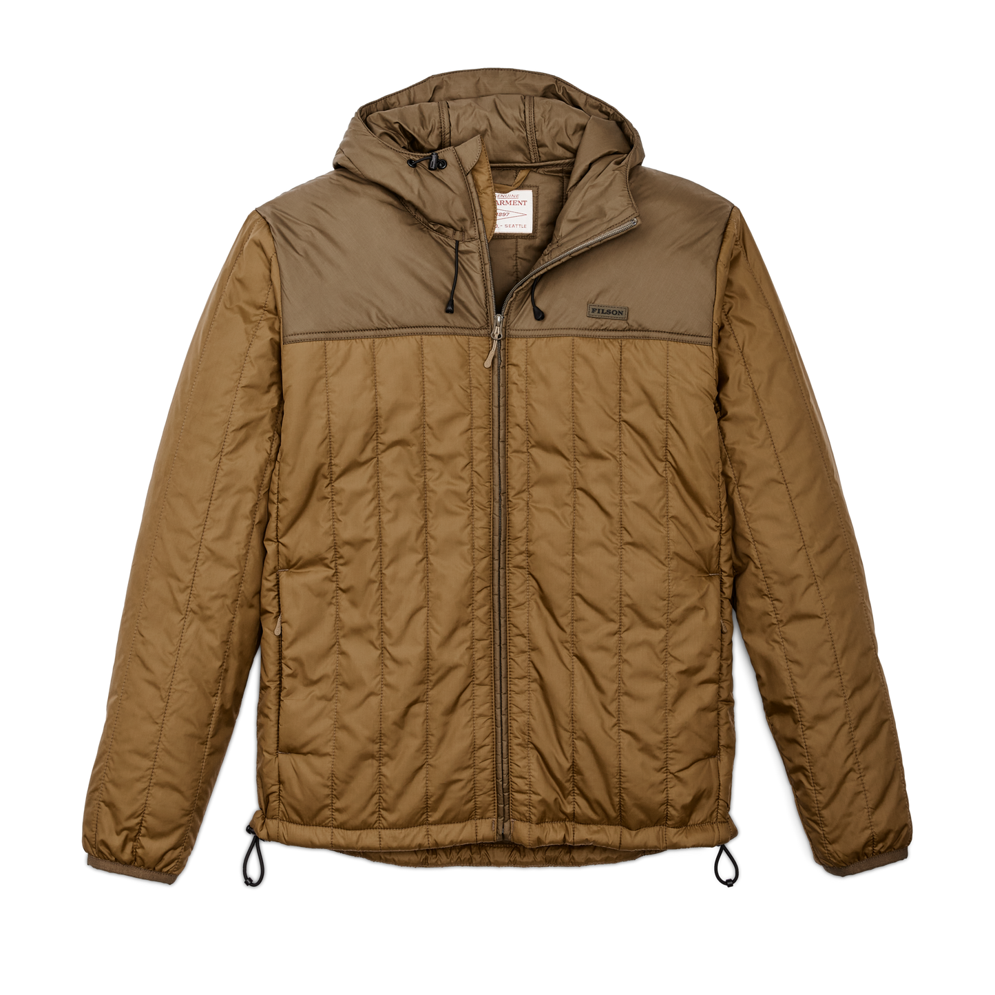 Front-facing image of the Filson Ultralight Hooded Jacket - Gold Ochre / Beech