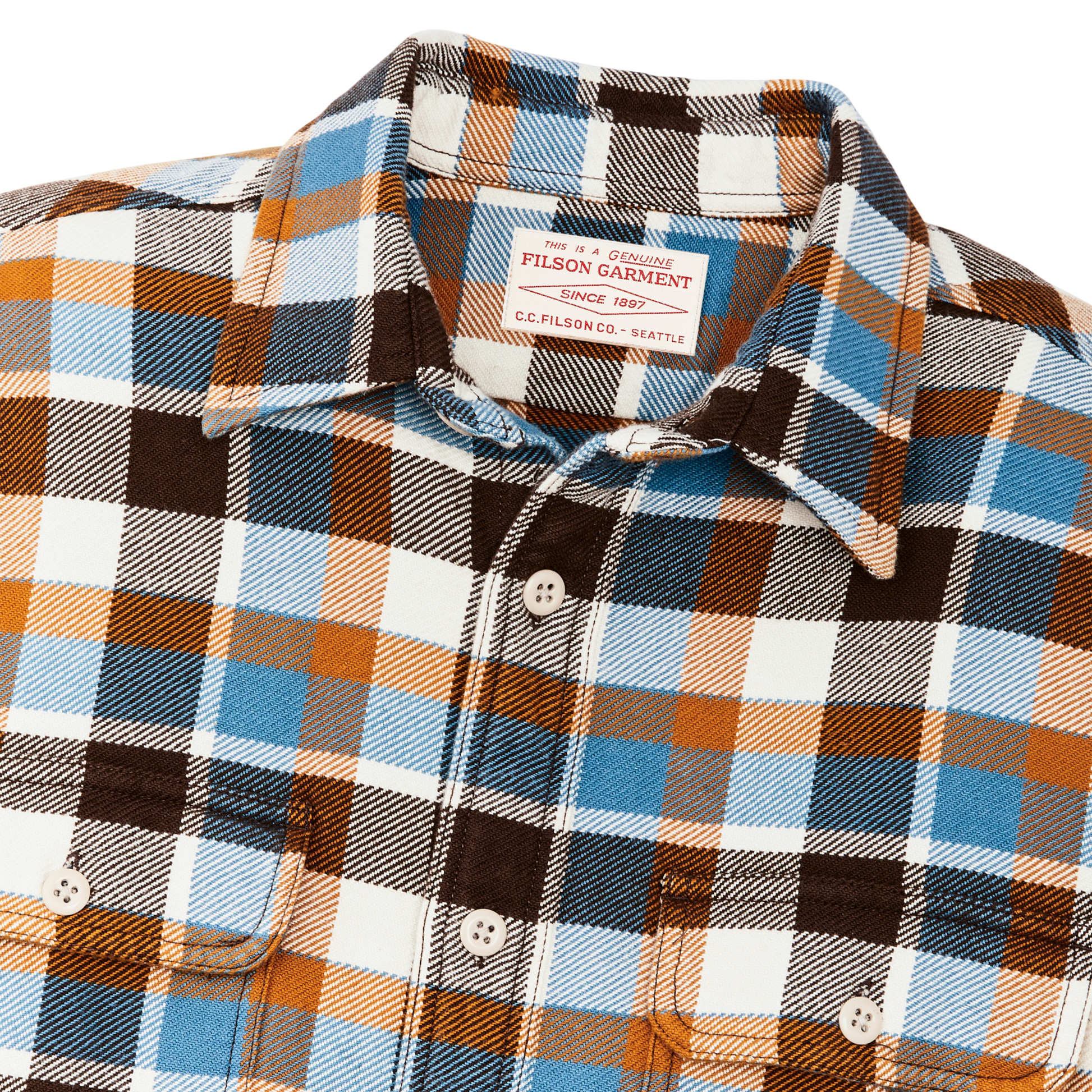 Alternate view of the Filson Vintage Flannel Work Shirt - Brown / Cream / Ochre / Blue Plaid