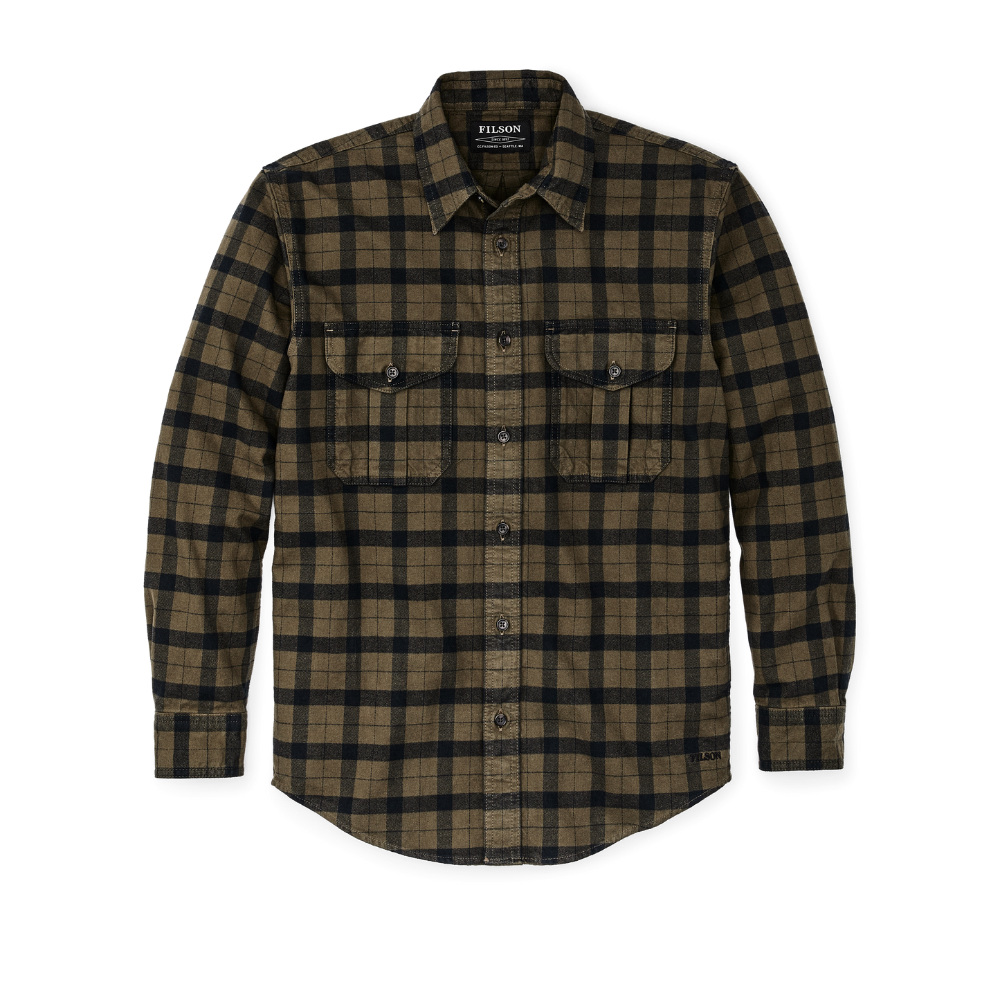 main image of filson's alaskan guide shirt, a men's long sleeve shirt constructed in cotton, shown in otter green/black