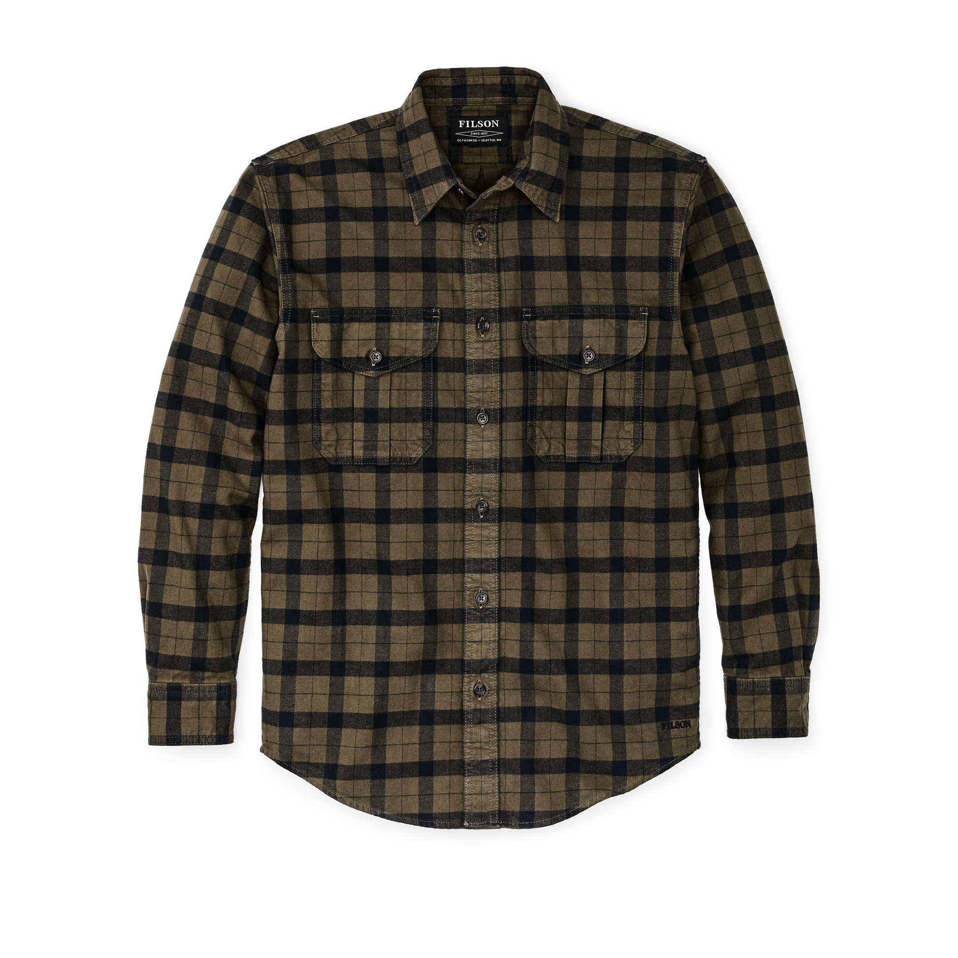 main image of filson's alaskan guide shirt, a men's long sleeve shirt constructed in cotton, shown in otter green/black