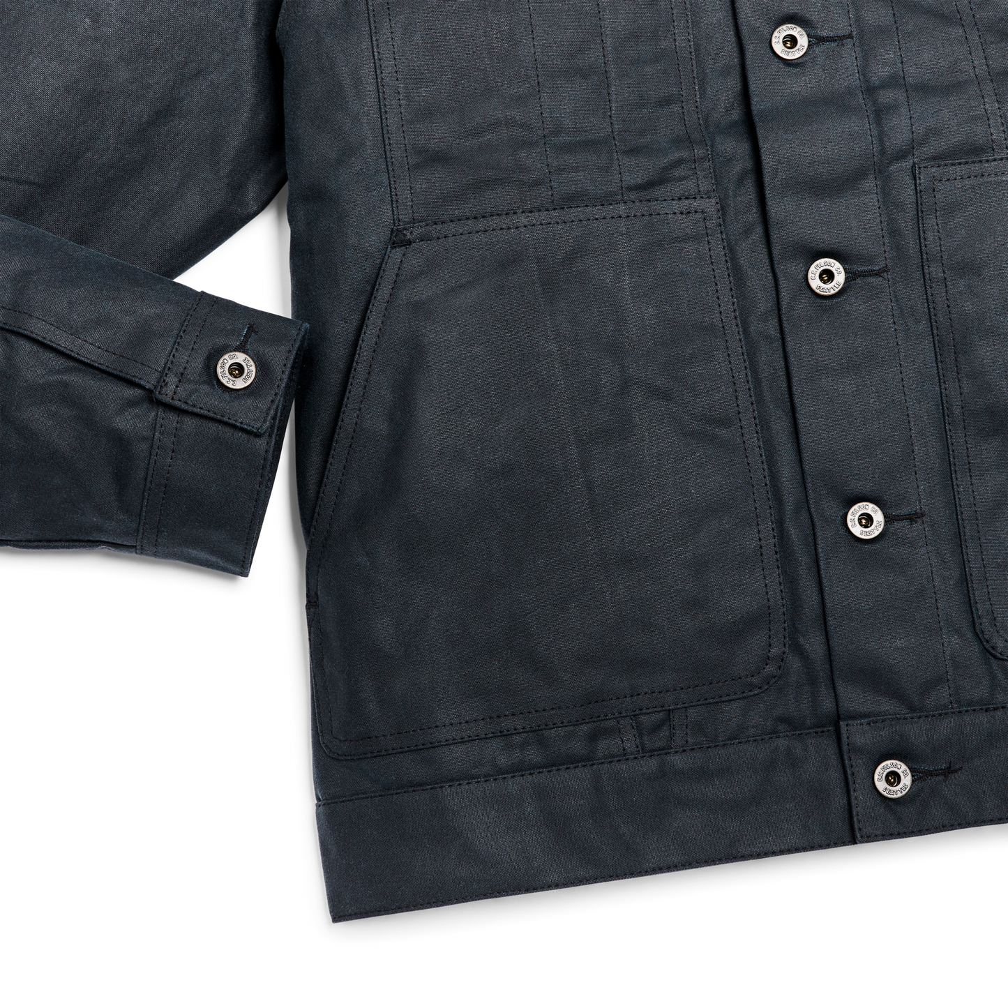 Alternate view of the Filson Tin Cloth Short Lined Cruiser Jacket - Service Blue|Hand, slotted-utility and flapped chest pockets