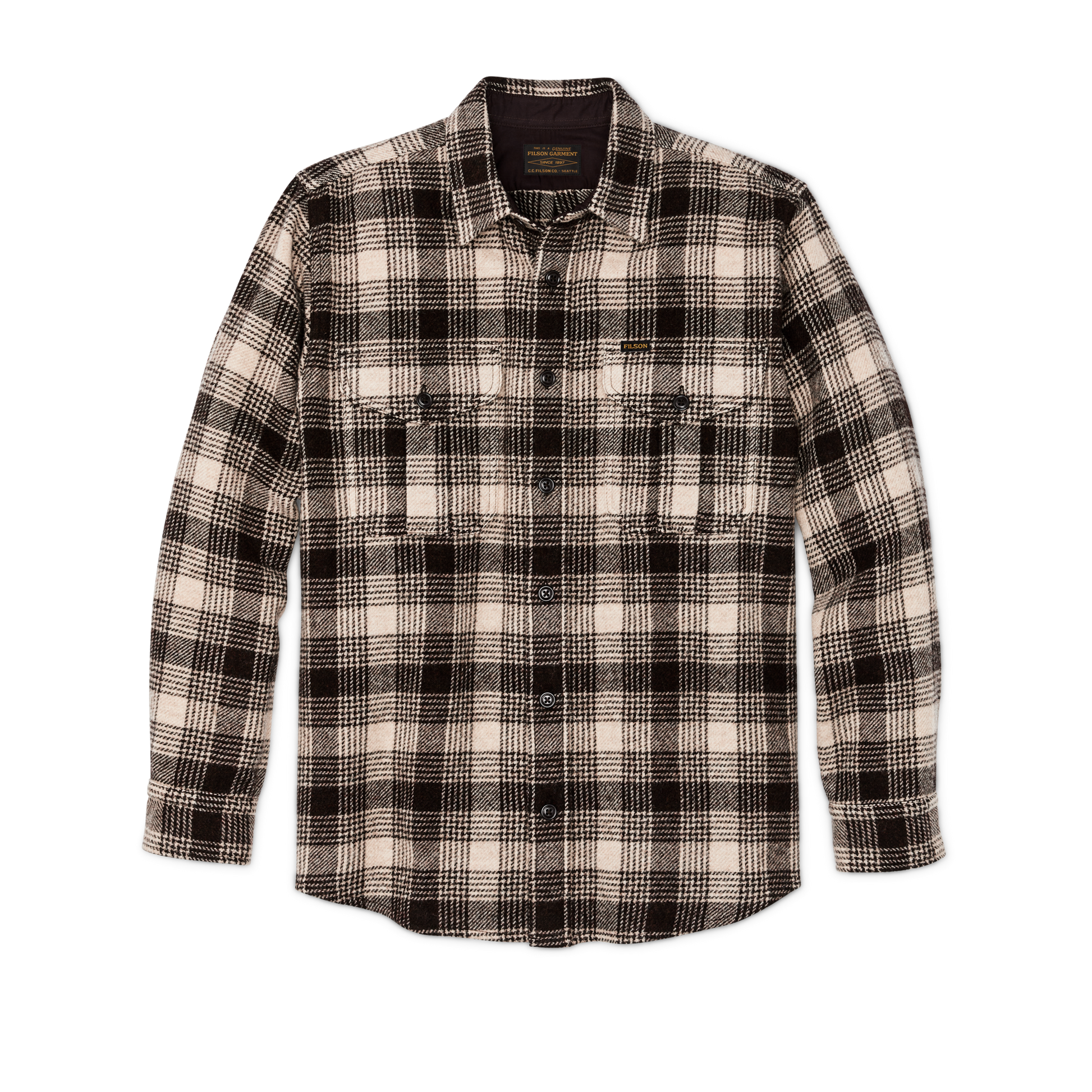 Front-facing image of the Filson Northwest Wool Shirt - Cream / Brown Plaid