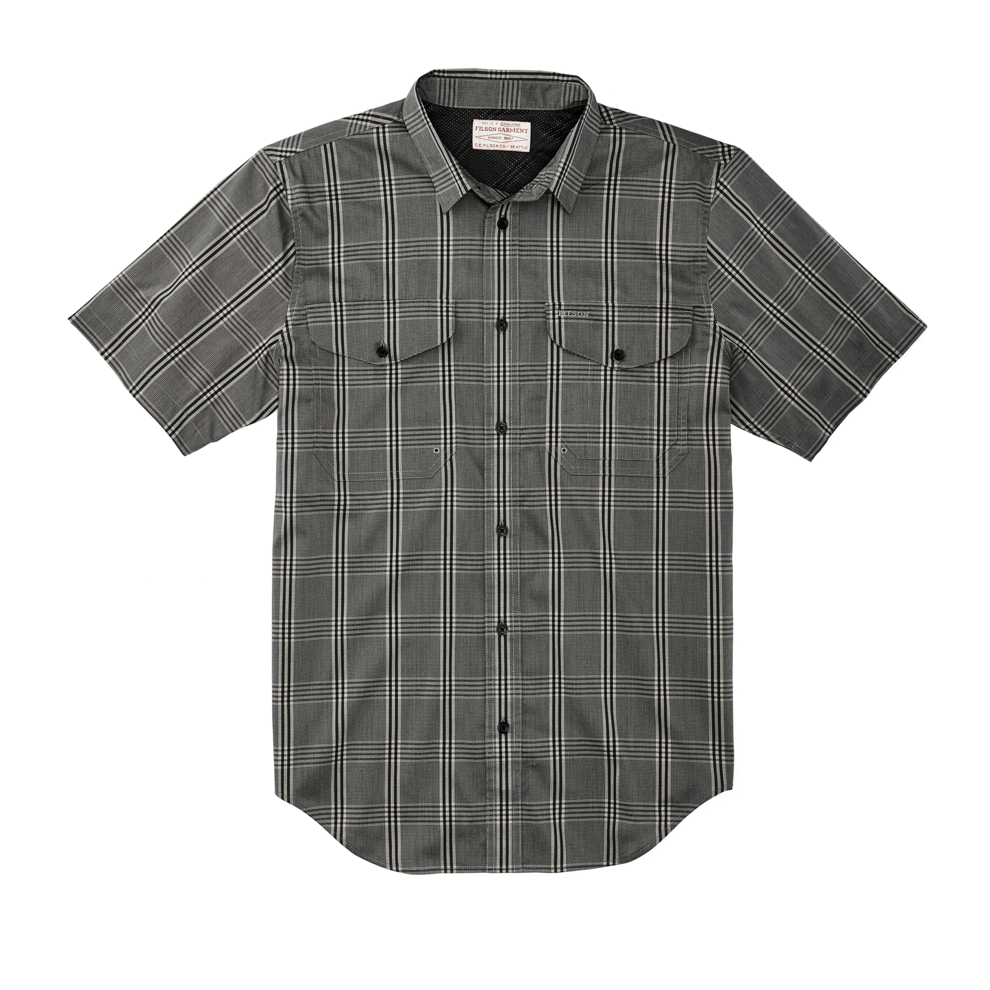 Front-facing image of the Filson Twin Lakes Short Sleeve Sport Shirt - Gravel Gray Plaid