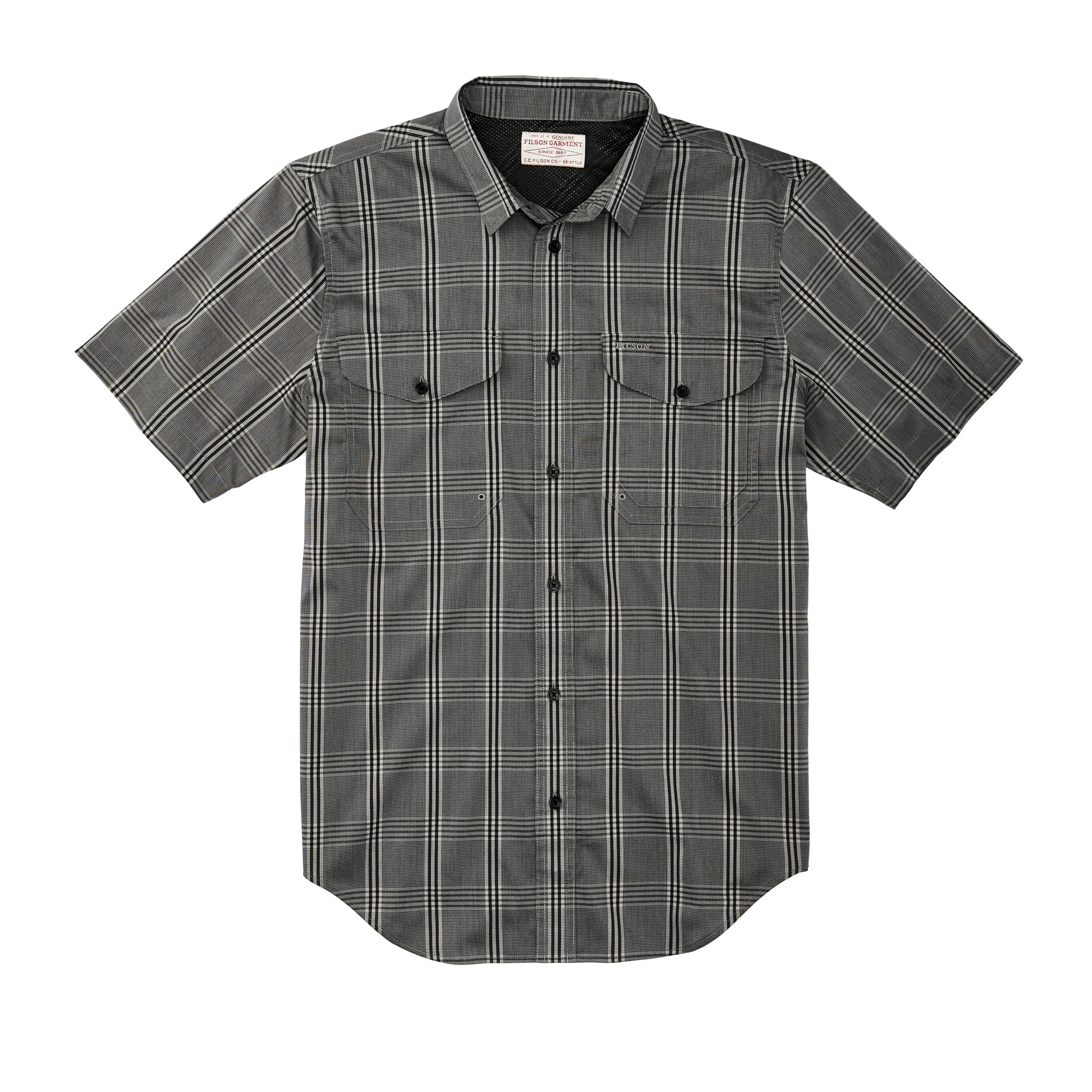 Front-facing image of the Filson Twin Lakes Short Sleeve Sport Shirt - Gravel Gray Plaid