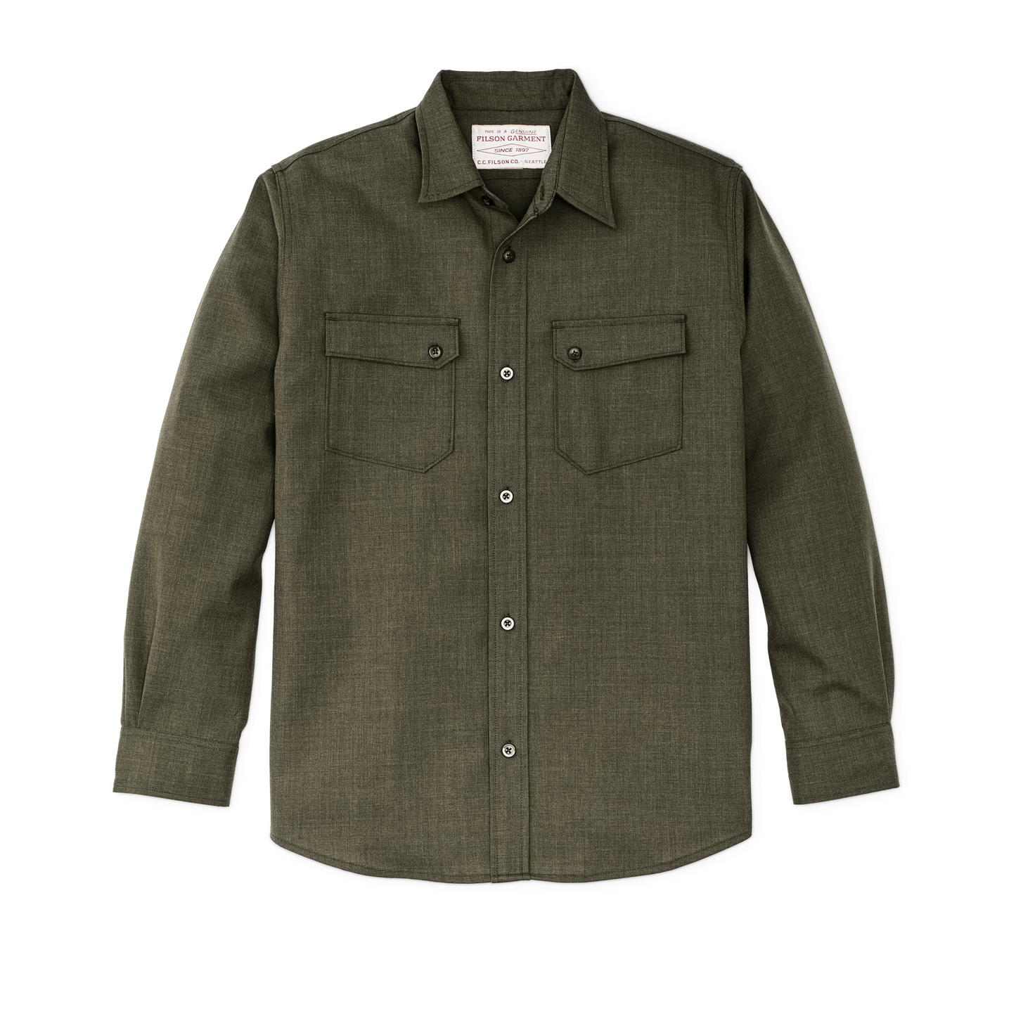 Front-facing image of the Filson Worsted Wool Guide Shirt - Forest Green Heather