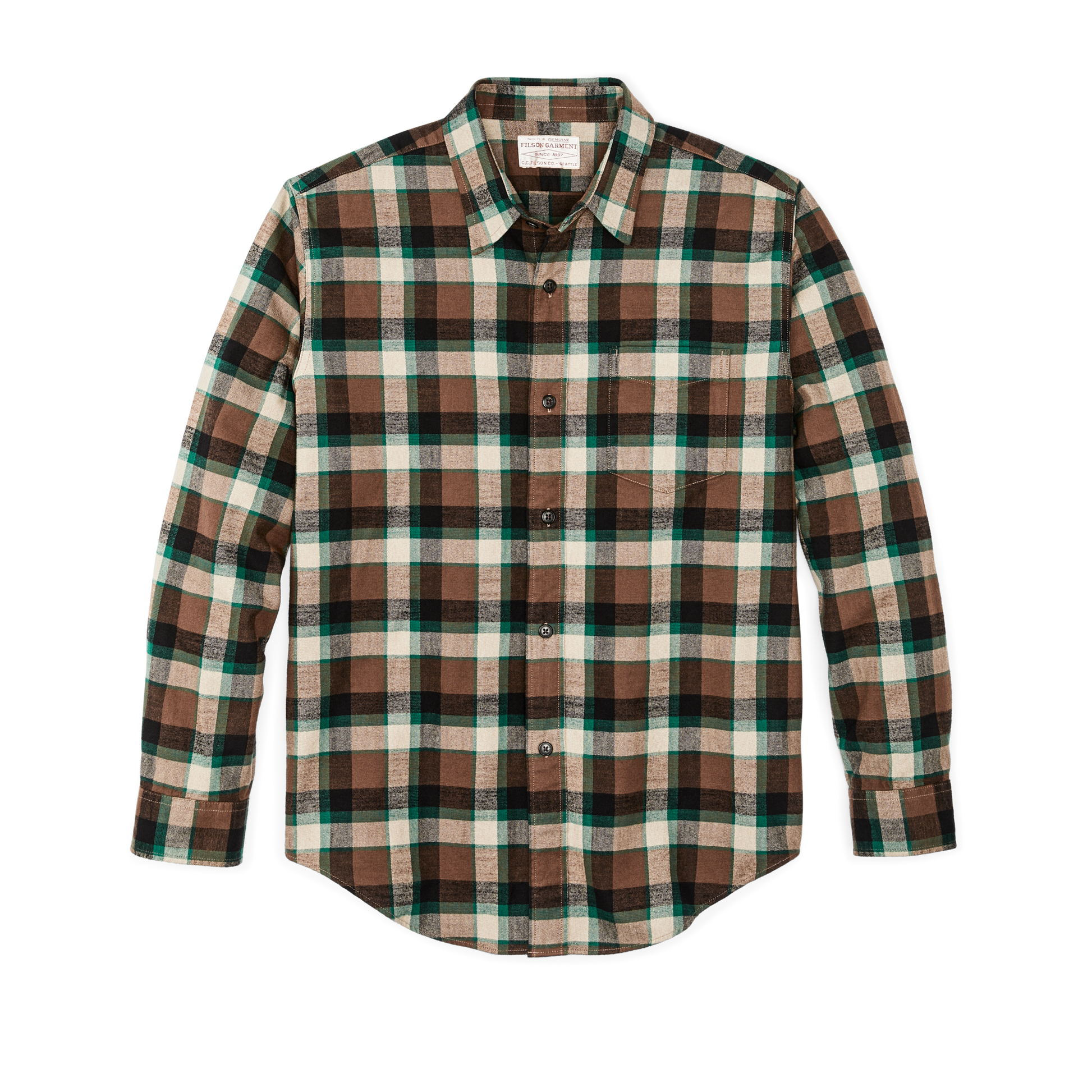 Front-facing image of the Filson Flannel Service Shirt - Verdant Green / Black / Brown Check