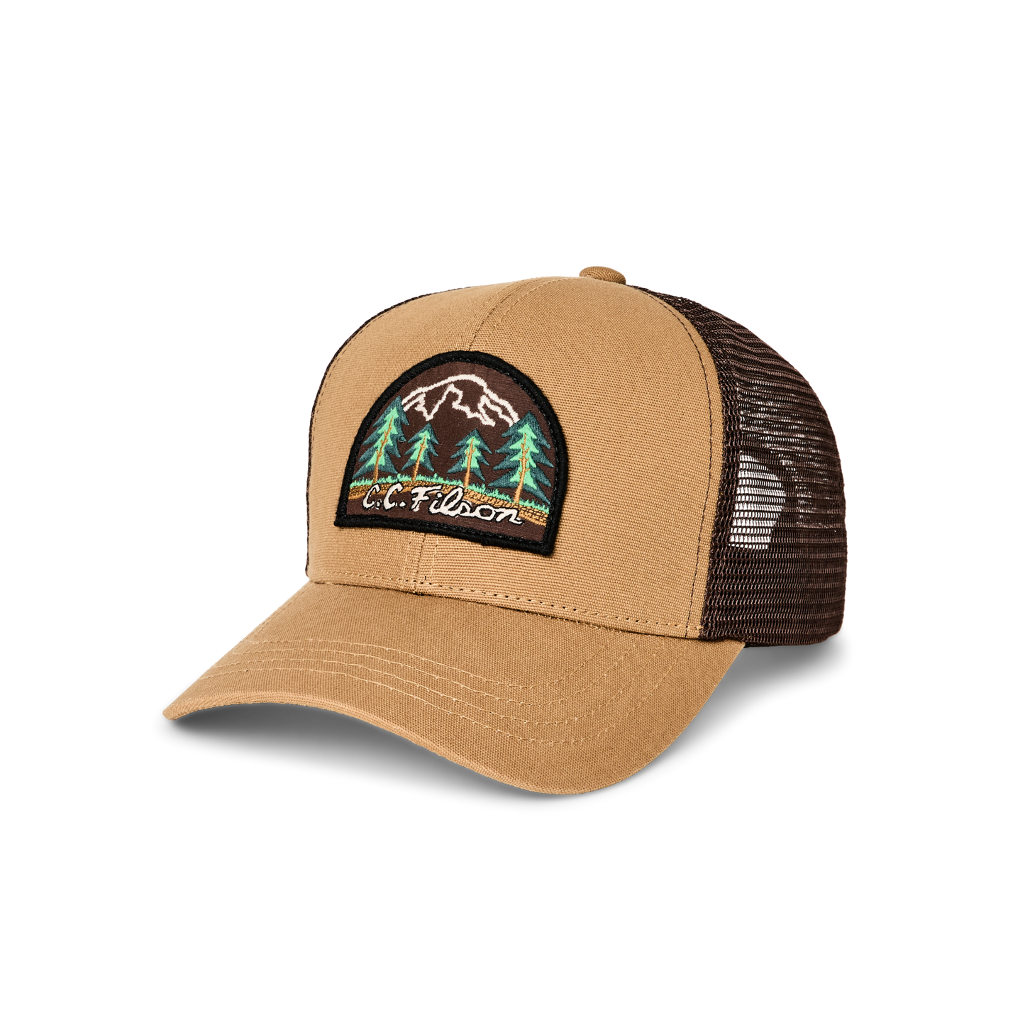 Front-facing image of the Filson Logger Mesh Cap - Wheat / Wood