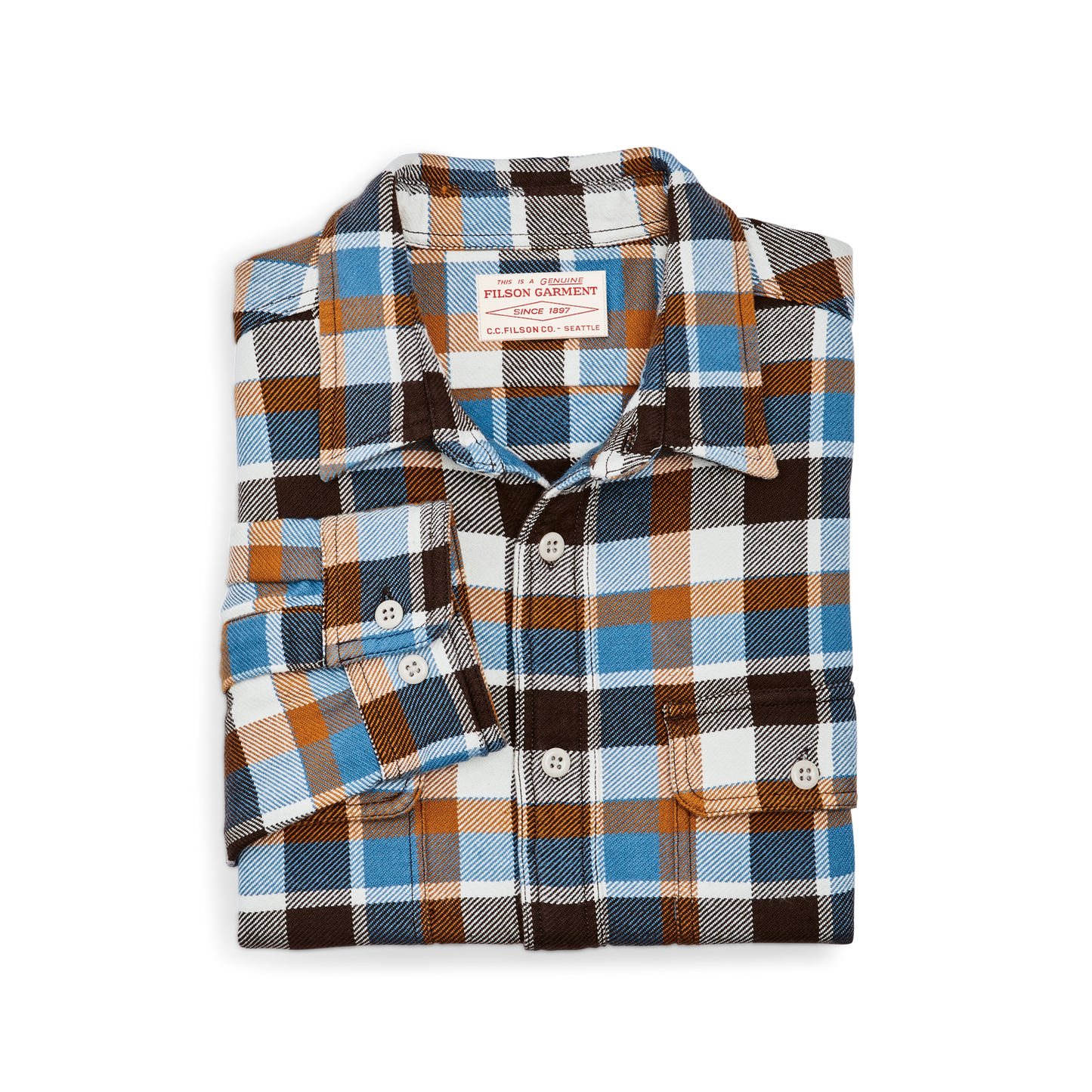 Alternate view of the Filson Vintage Flannel Work Shirt - Brown / Cream / Ochre / Blue Plaid