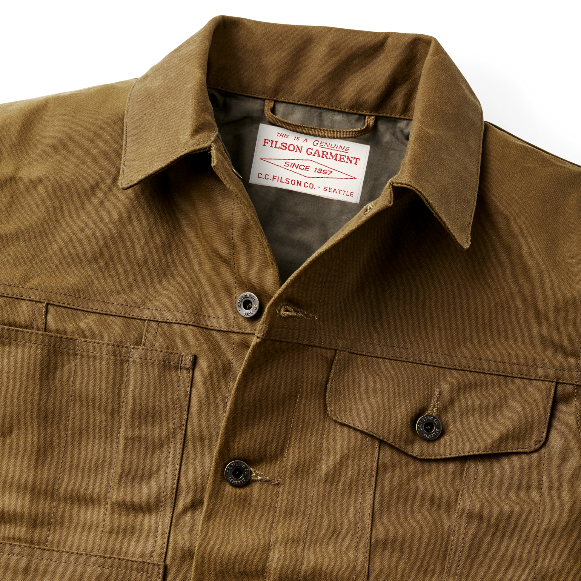 Alternate view of the Filson Tin Cloth Short Lined Cruiser Jacket - Dark Tan|Hand, slotted-utility and flapped chest pockets