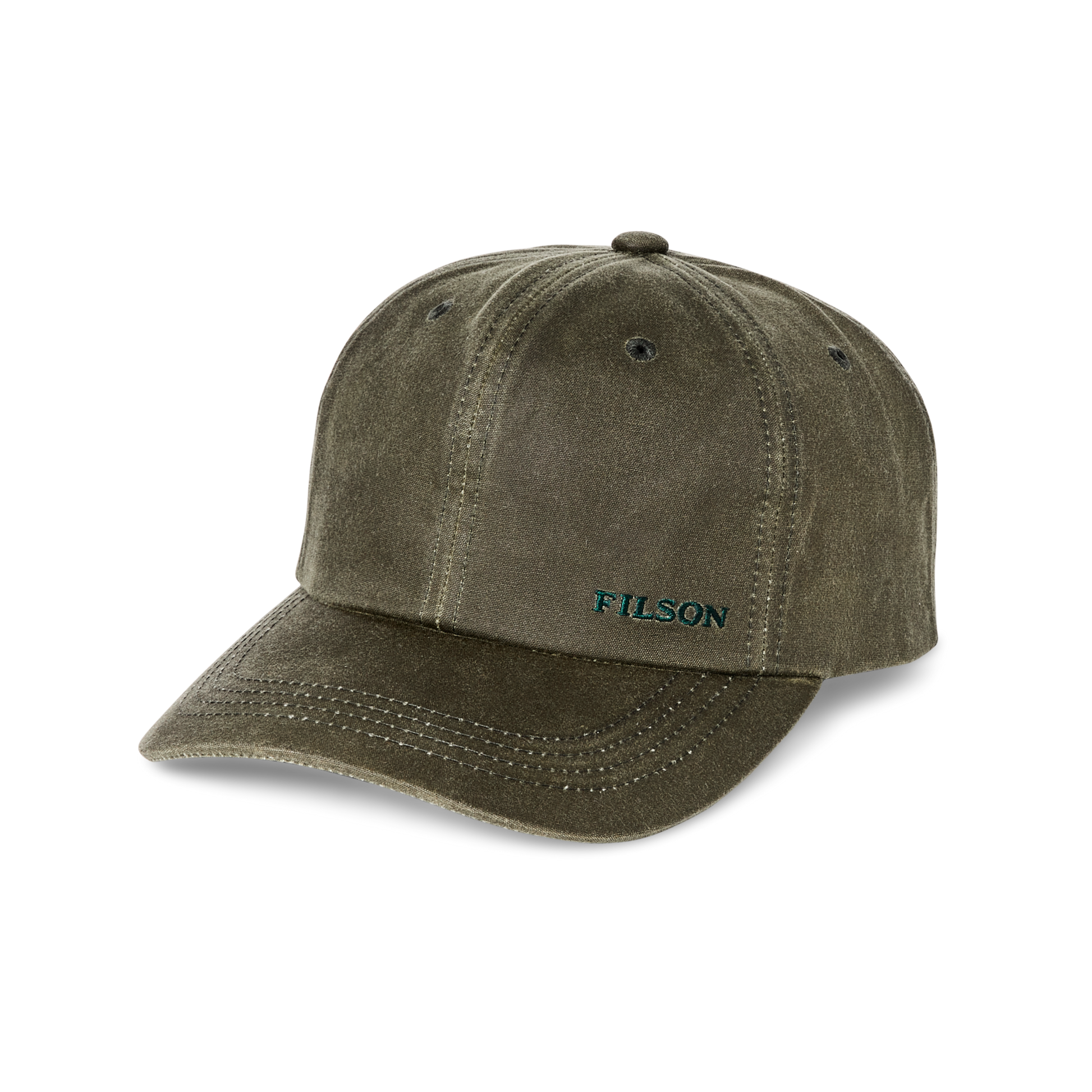 Front-facing image of the Filson Oil Tin Low-profile Logger Cap - Otter Green