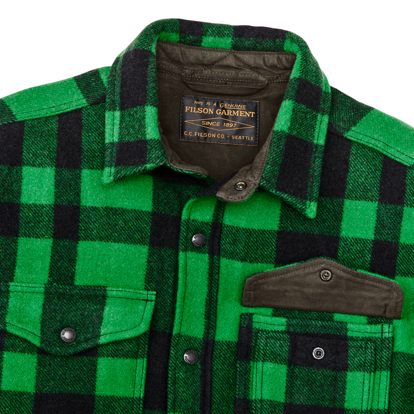 Alternate view of the Filson Lined Mackinaw Wool Jac Shirt - Acid Green / Black Heritage Plaid X