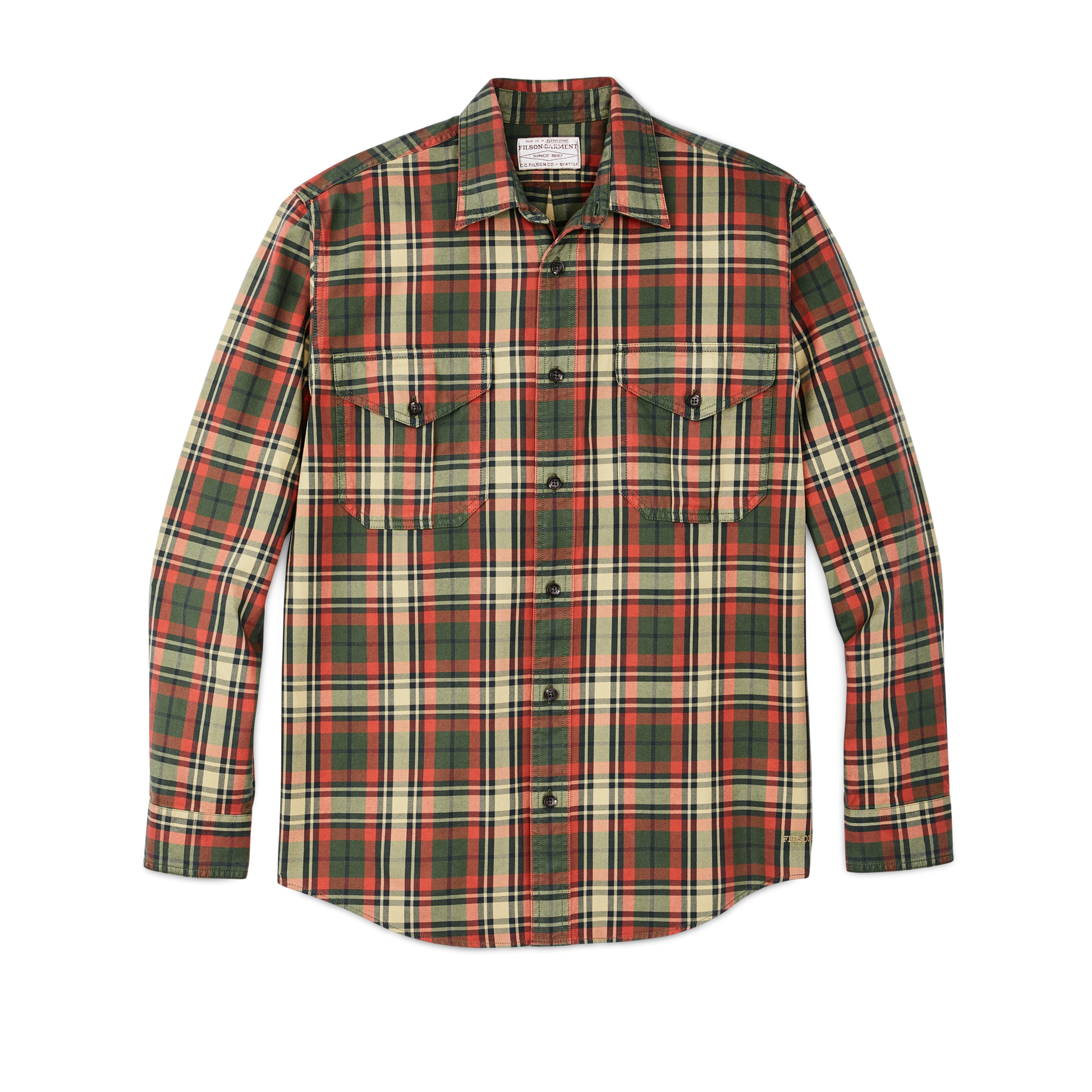 Front-facing image of the Filson Lightweight Alaskan Guide Shirt - Silver Pine / Burnt Red Plaid