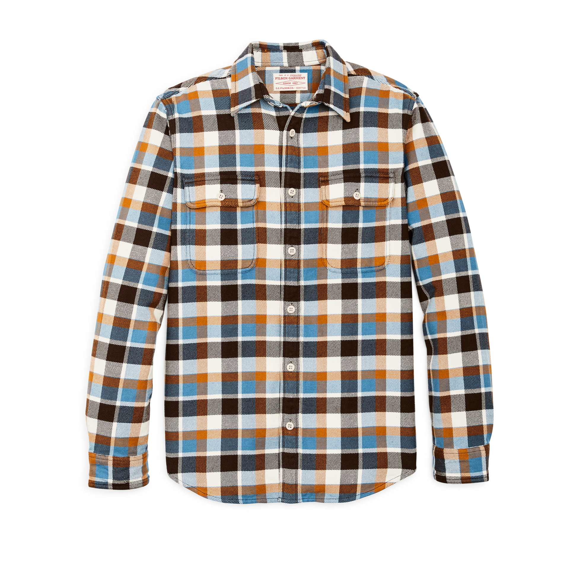 Front-facing image of the Filson Vintage Flannel Work Shirt - Brown / Cream / Ochre / Blue Plaid