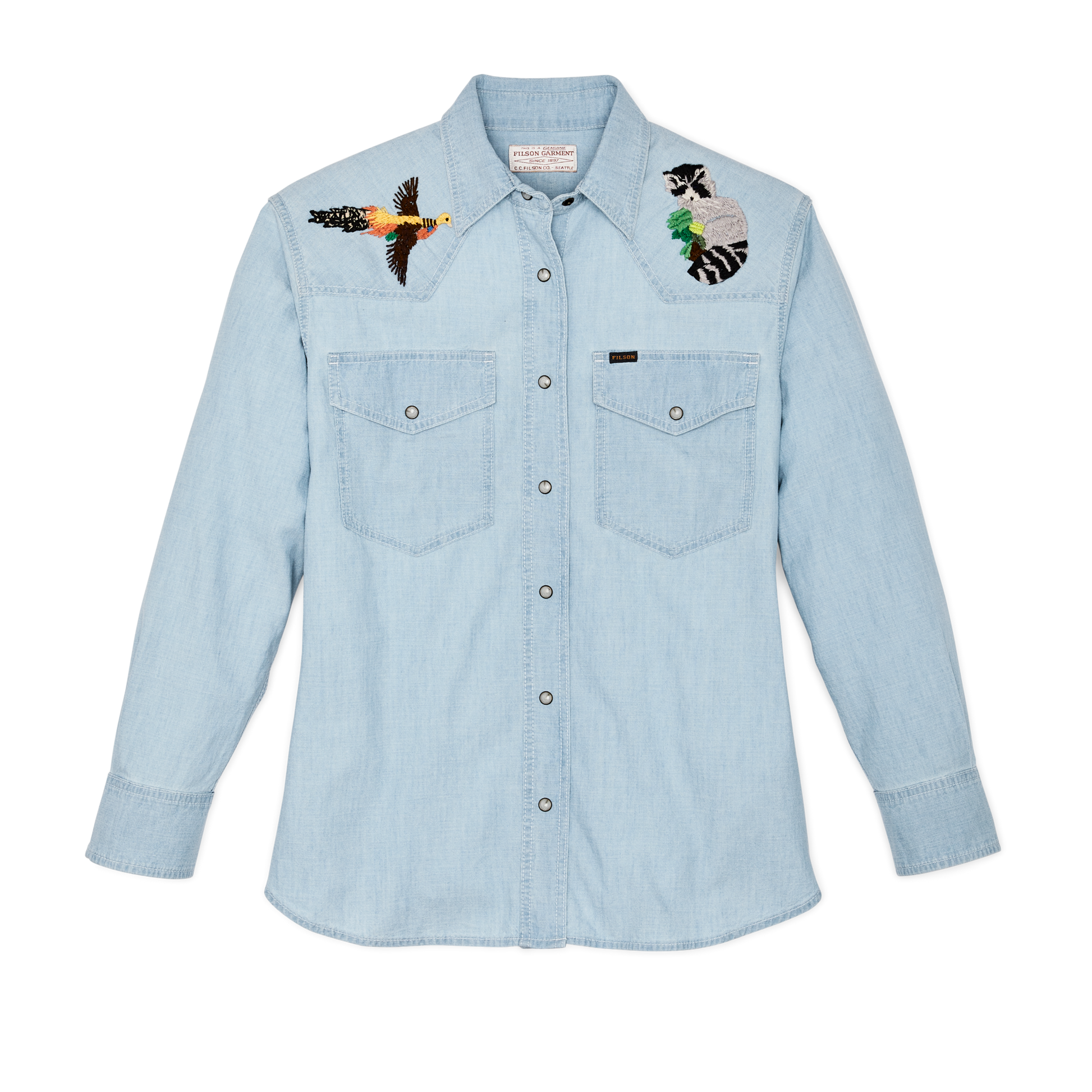 Front-facing image of the Filson Women's Embroidered Western Shirt - Light Indigo Chambray