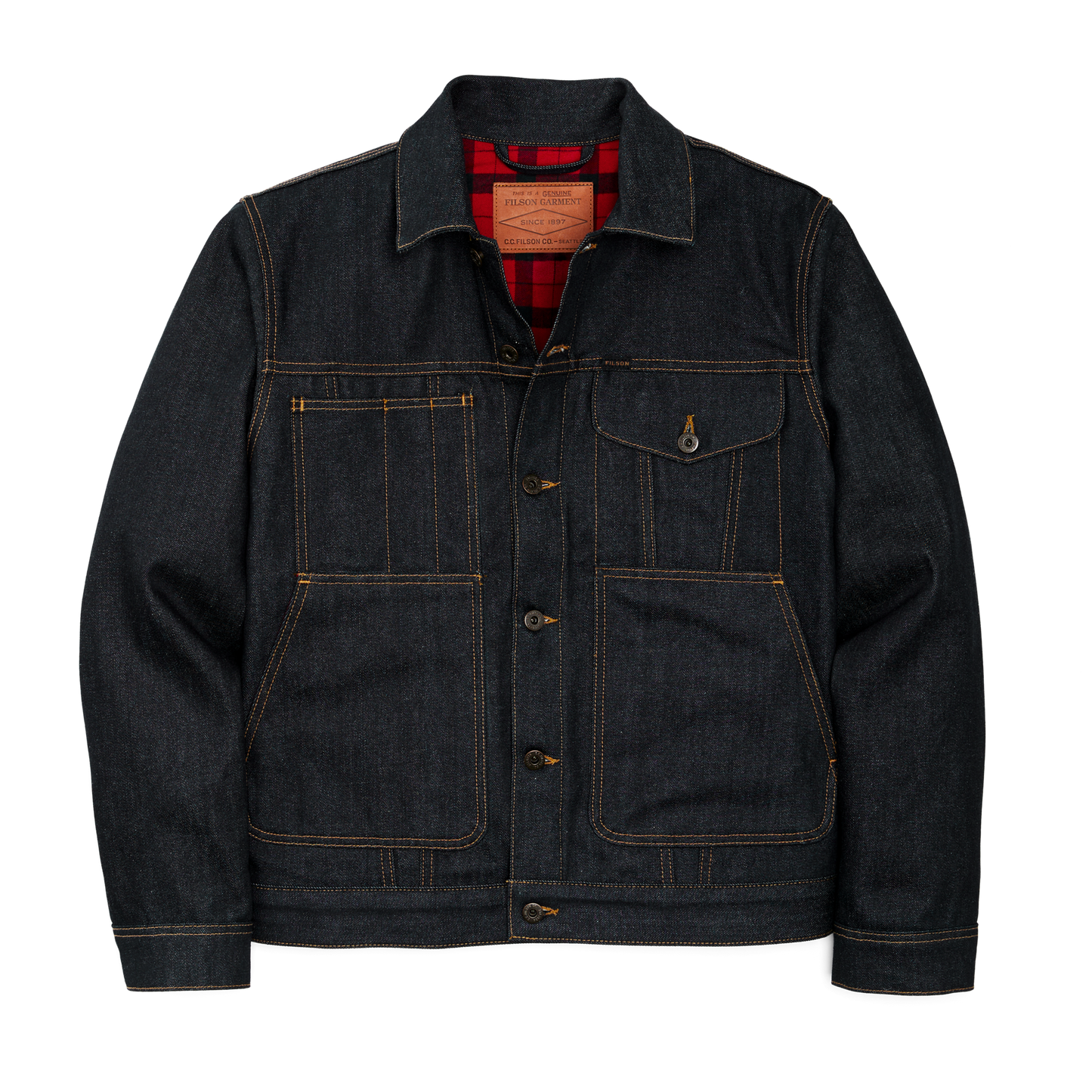 Front-facing image of the Filson Lined Denim Short Cruiser Jacket - Raw Indigo