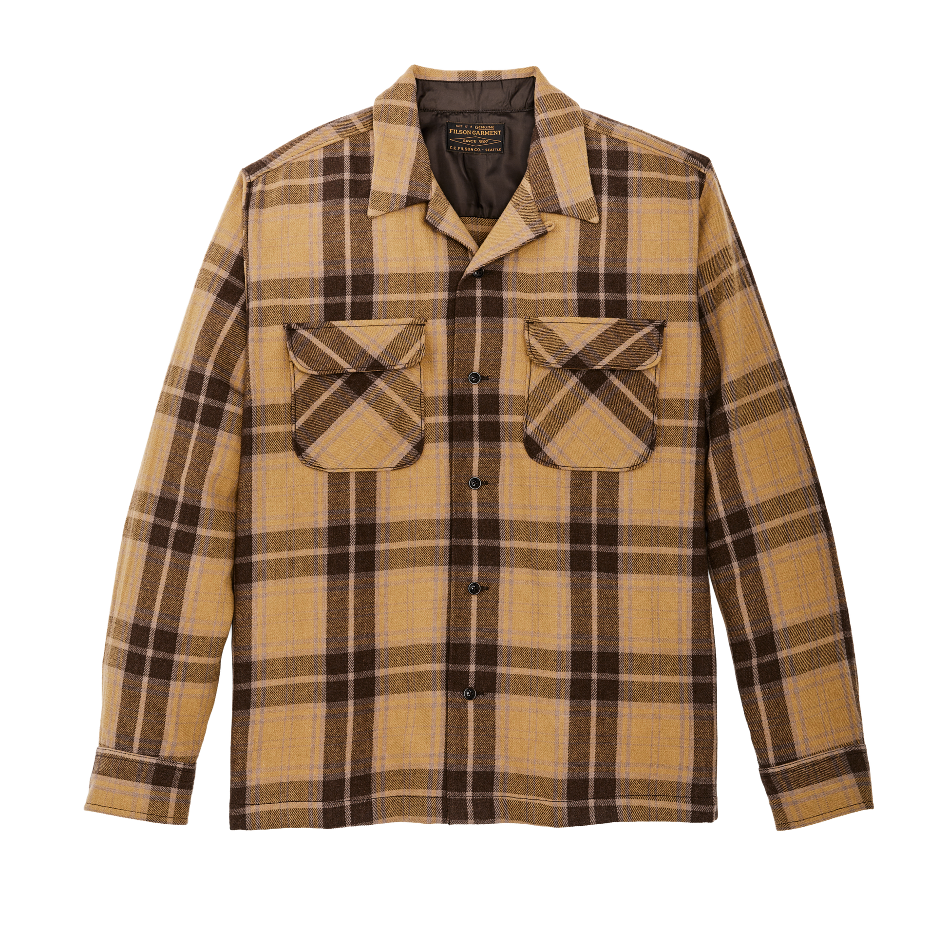 Front-facing image of the Filson Buckner Wool Camp Shirt - Ochre / Faded Brown Plaid