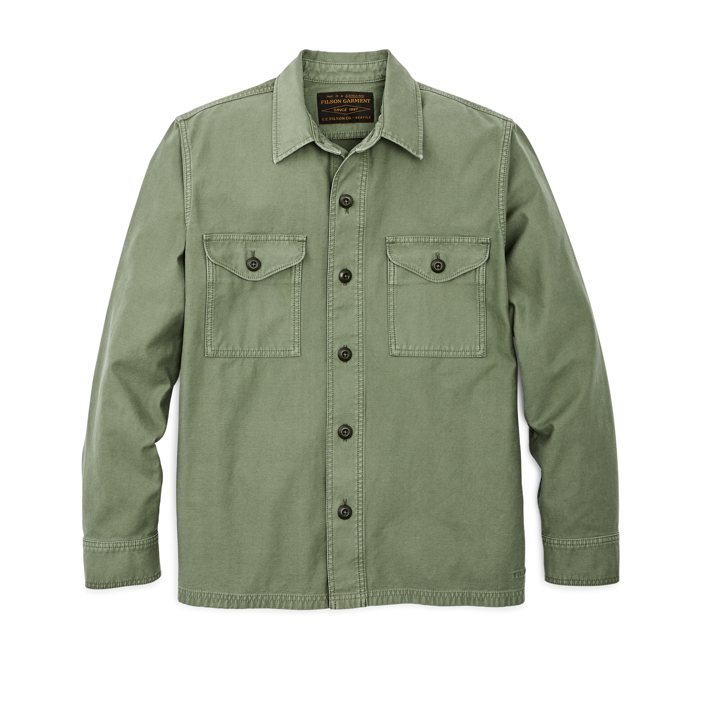 Front-facing image of the Filson Field Jac-shirt - Washed Fatigue Green