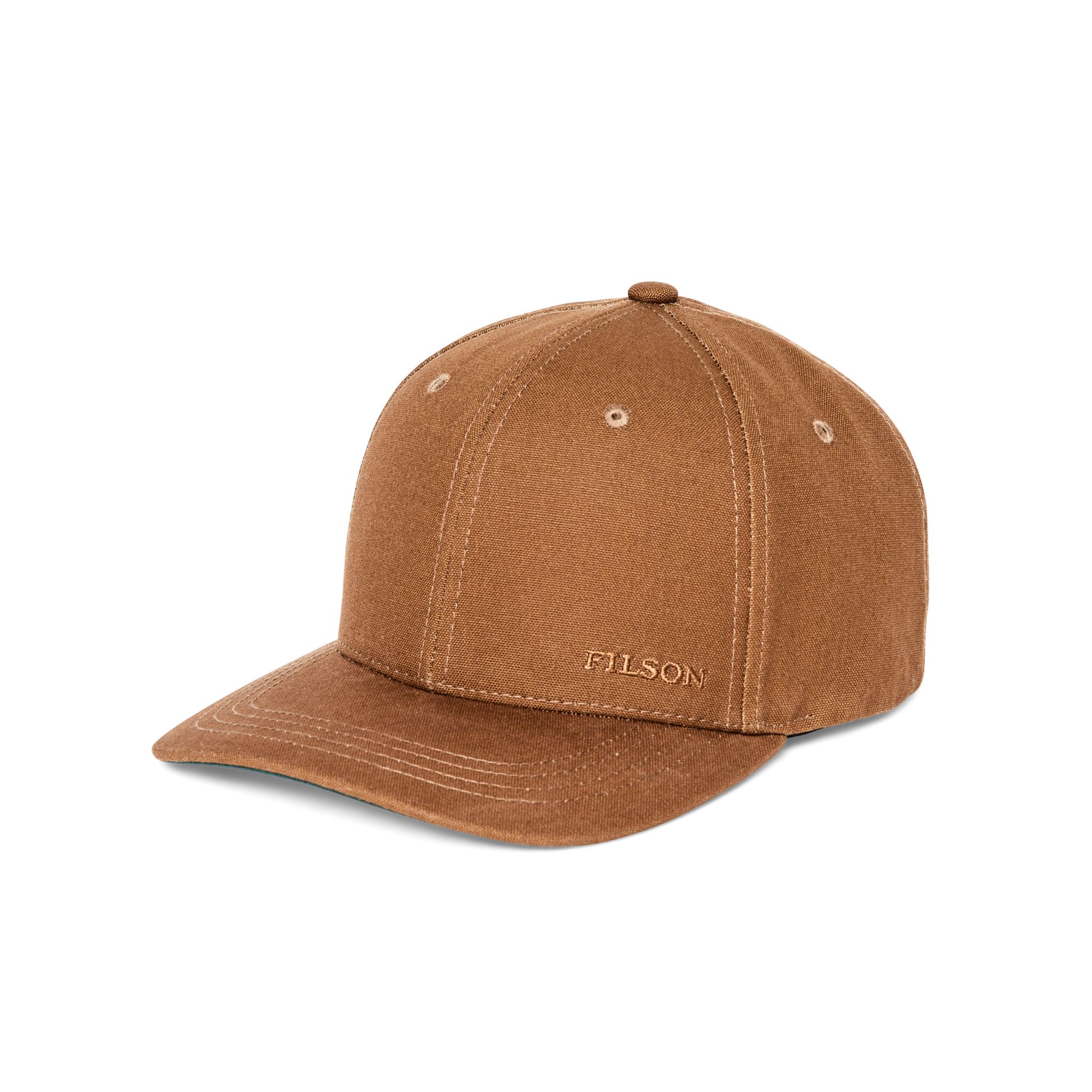 Front-facing image of the Filson Dry Tin Cloth Logger Cap - Whiskey