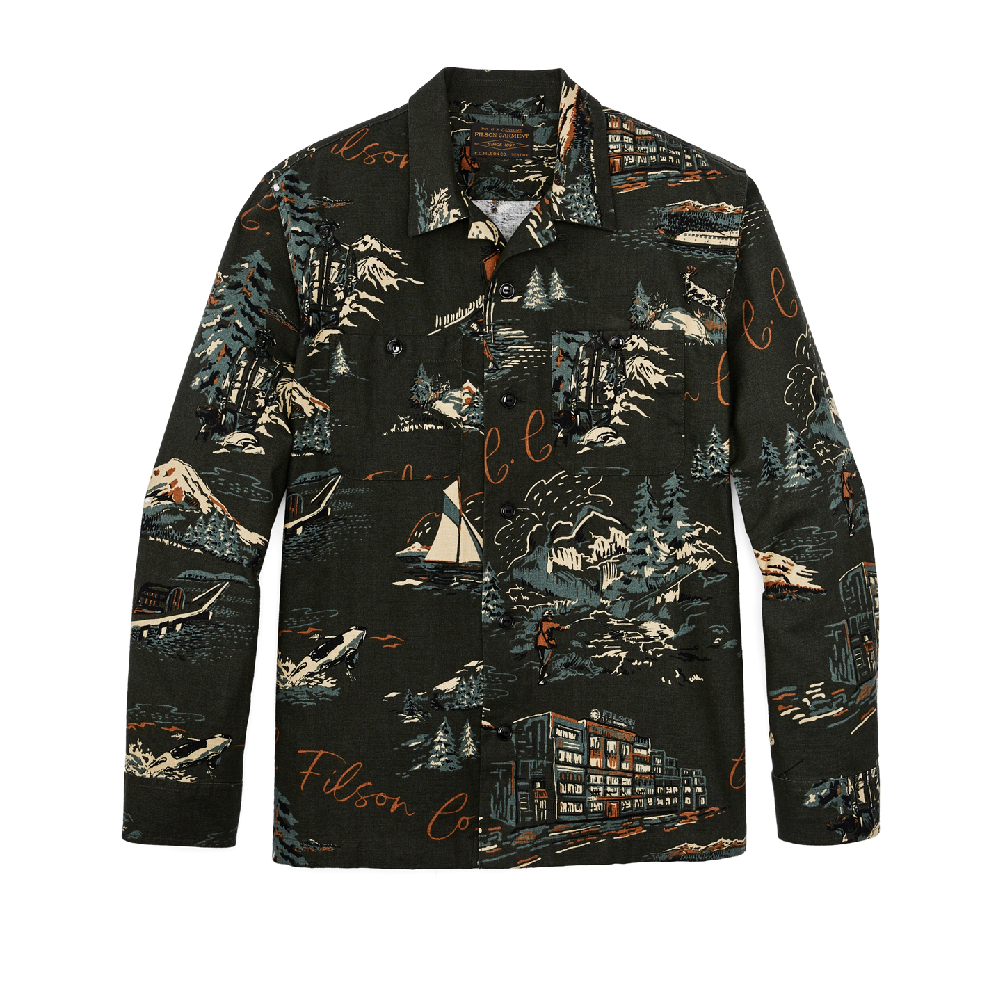 Front-facing image of the Filson Elk Heights Camp Shirt - Green Northwest Scenic Print