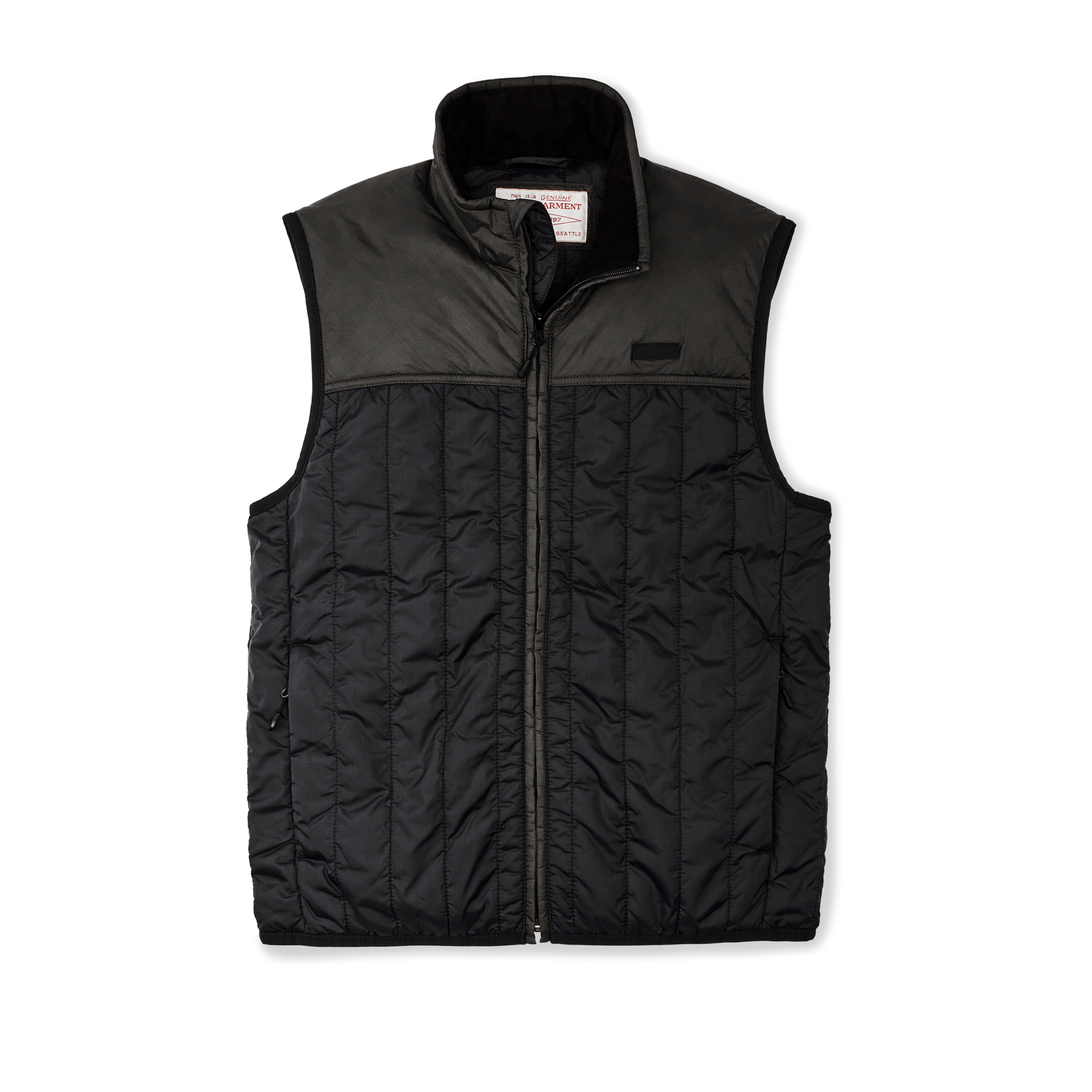 Front-facing image of the Filson Ultralight Vest - Black / Olive Gray