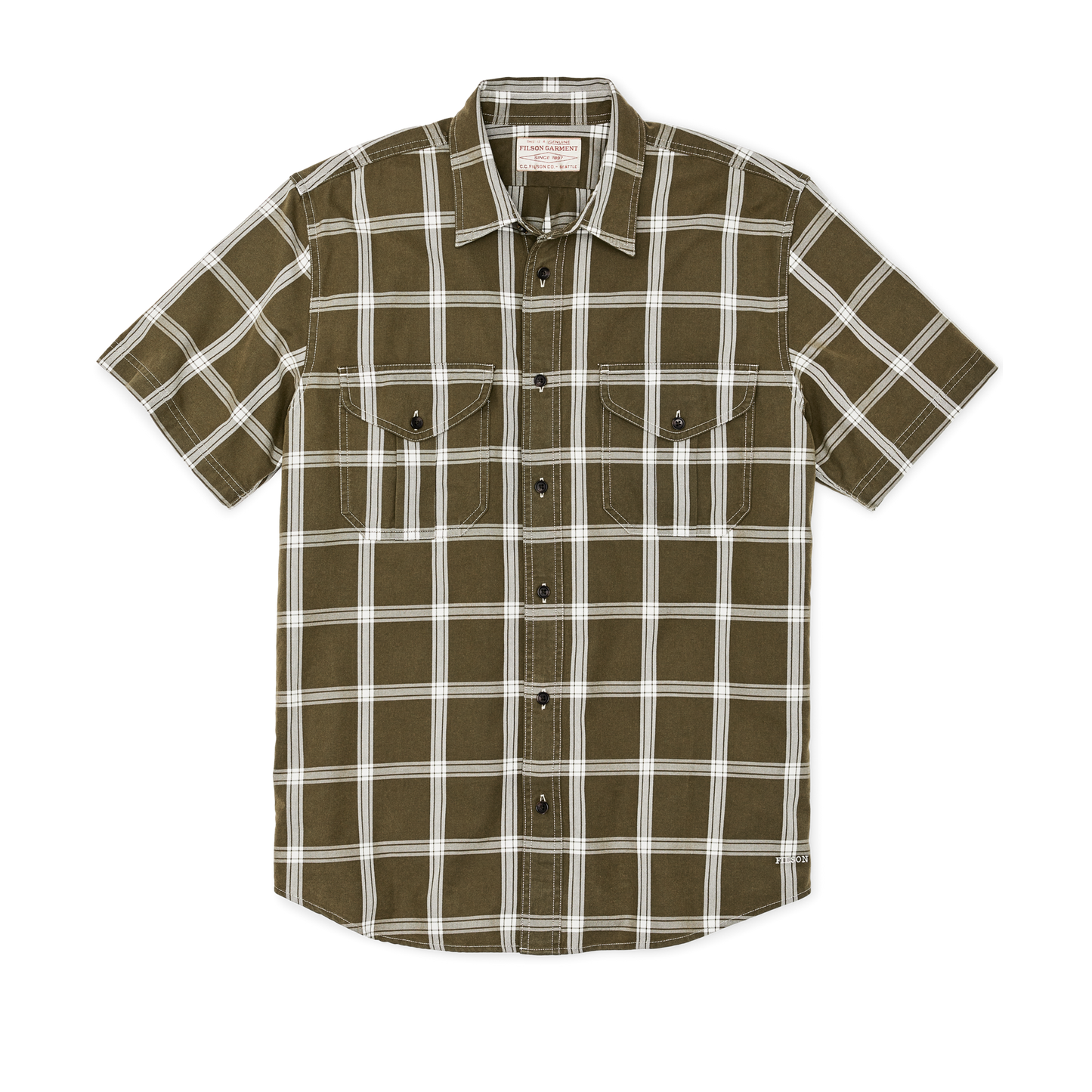 Front-facing image of the Filson Short Sleeve Lightweight Alaskan Guide Shirt  - Green / White Plaid