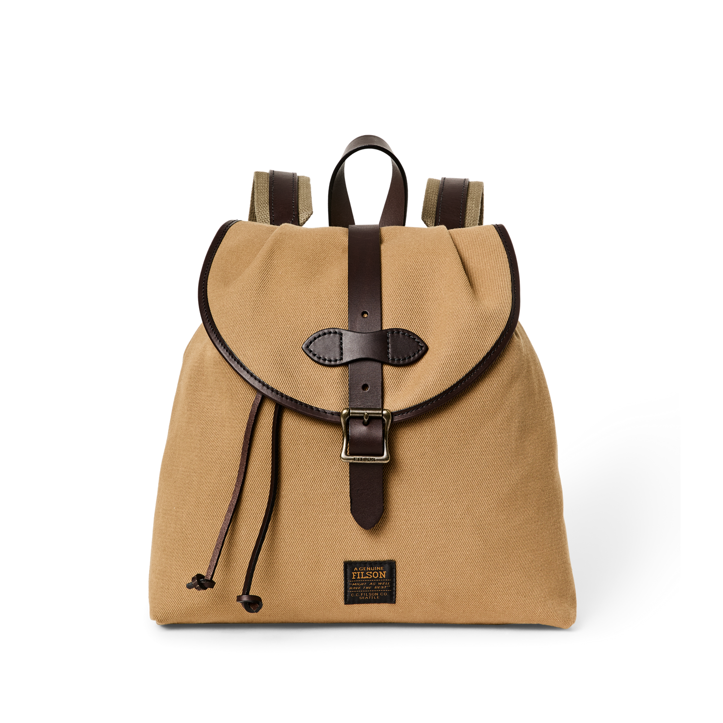 Front-facing image of the Filson Rugged Twill Drawstring Backpack - Tan