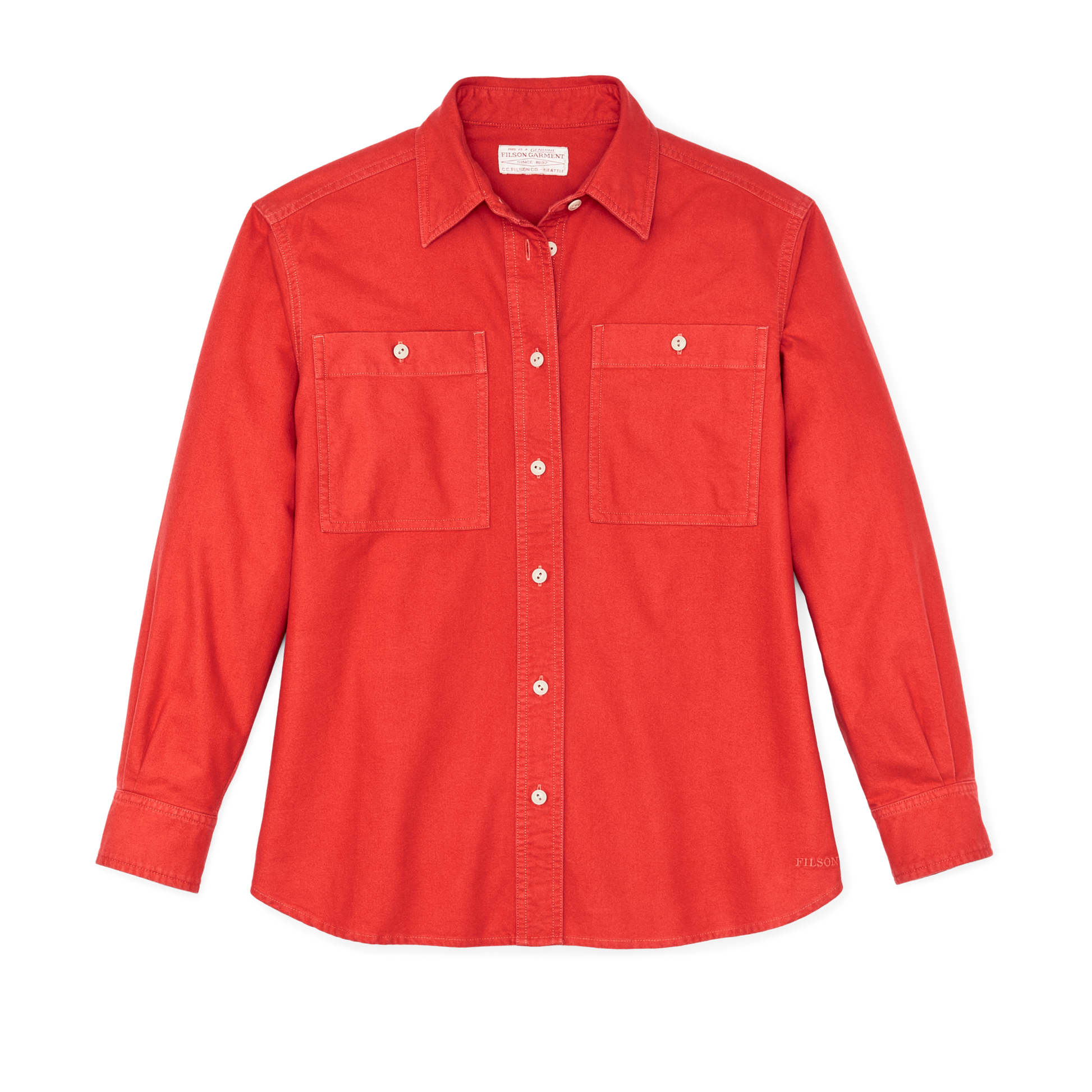 Front-facing image of the Filson Women's Field Chamois Shirt - Scarlet Red