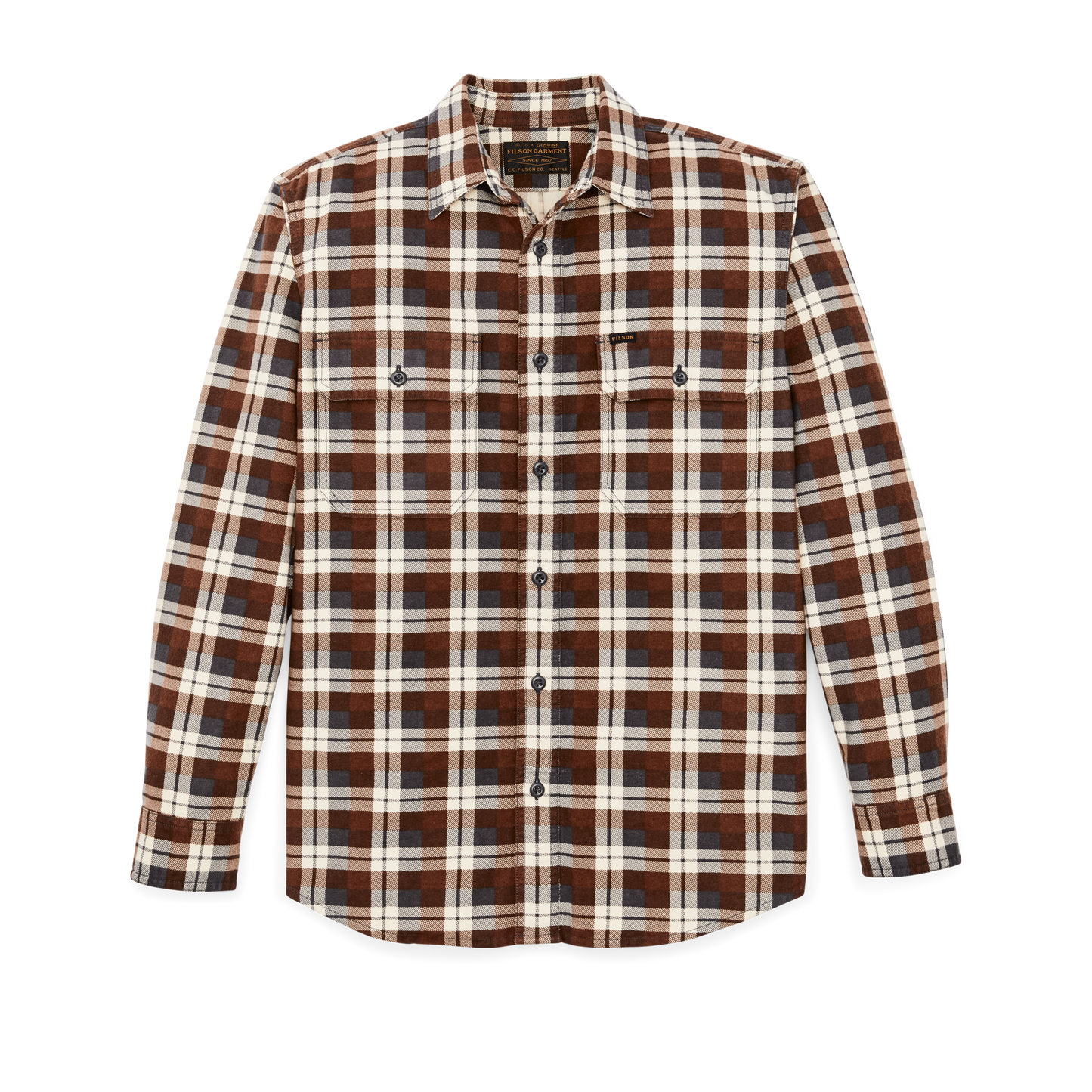 Front-facing image of the Filson Field Flannel Shirt - Brown / Gray Plaid