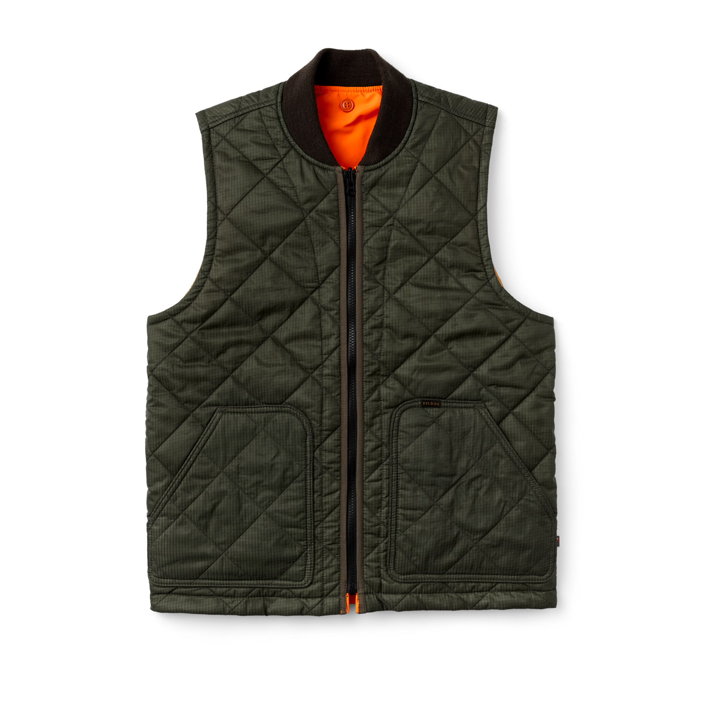 Front-facing image of the Filson Eagle Plains Vest Liner - Surplus Green / Blaze