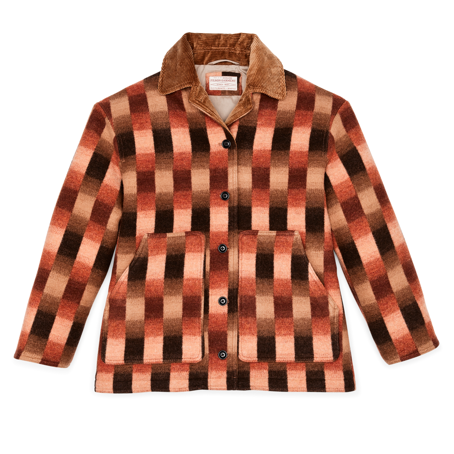 Front-facing image of the Filson Women's Blanket Wool Barn Coat - Sunset Ombre Plaid