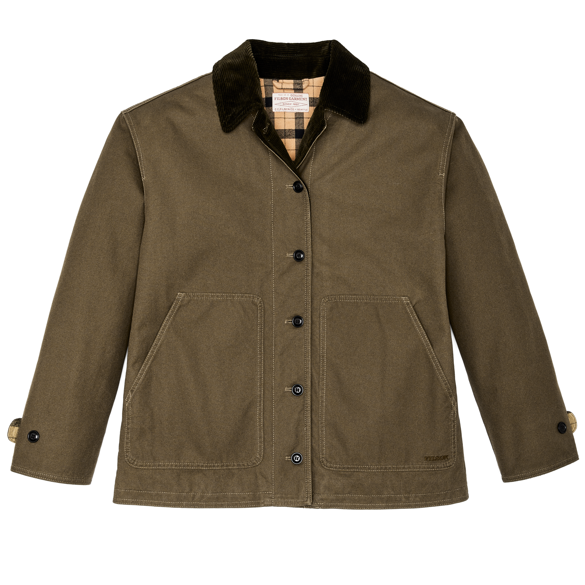 Front-facing image of the Filson Women's Dry Tin Barn Coat - Marsh Olive