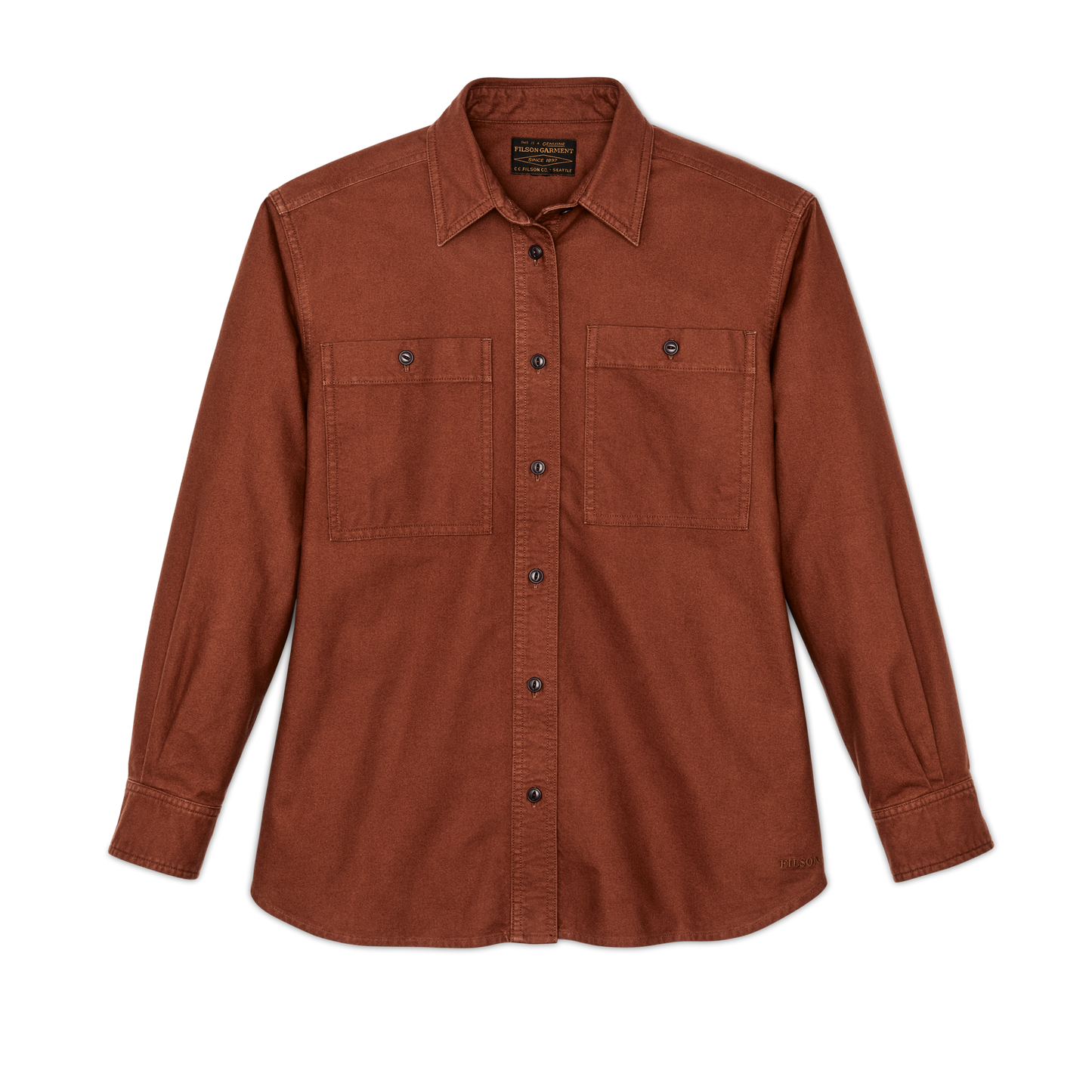 Front-facing image of the Filson Women's Field Chamois Shirt - Madder Root