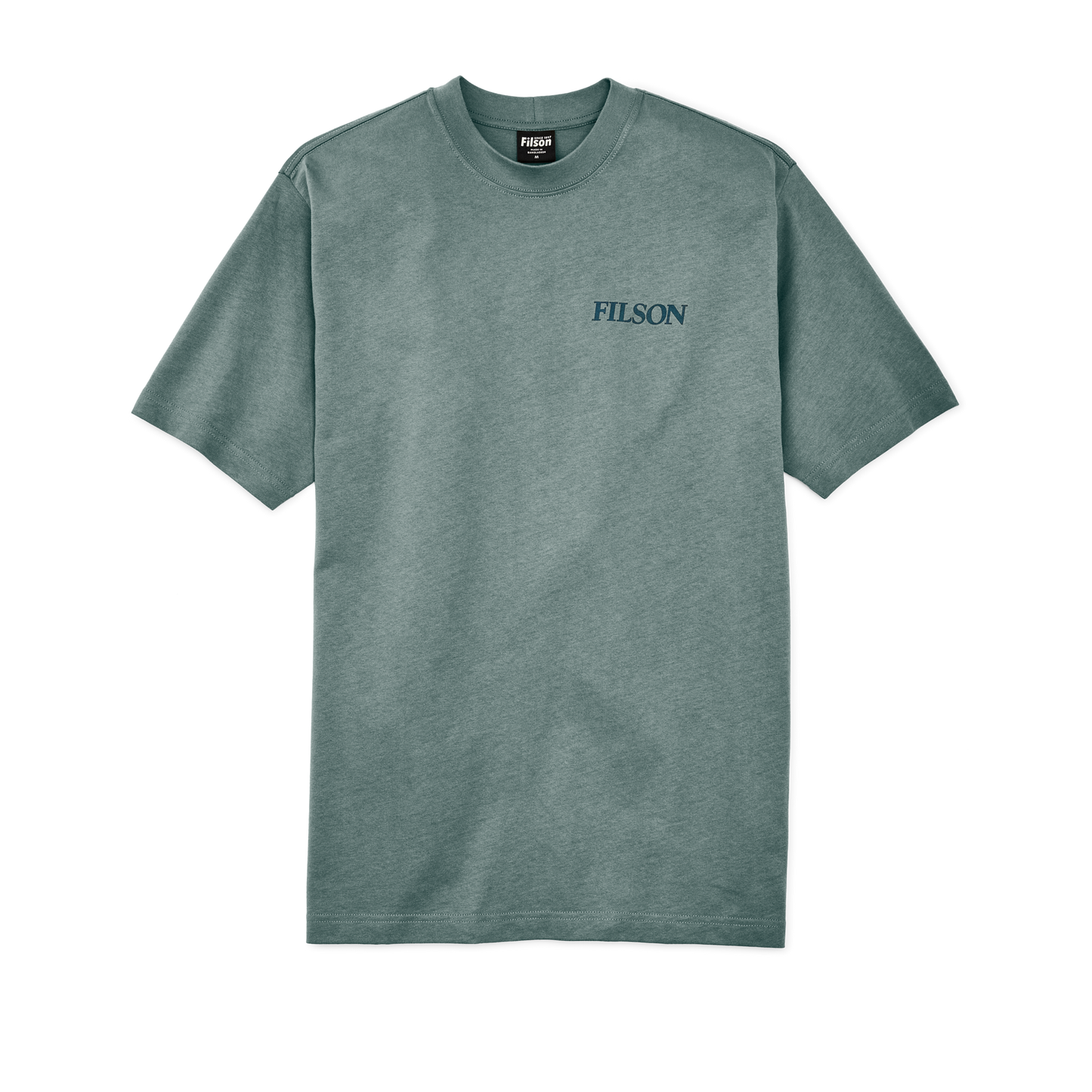 Front-facing image of the Filson Frontier Graphic T-shirt - Balsam Green / Salmon