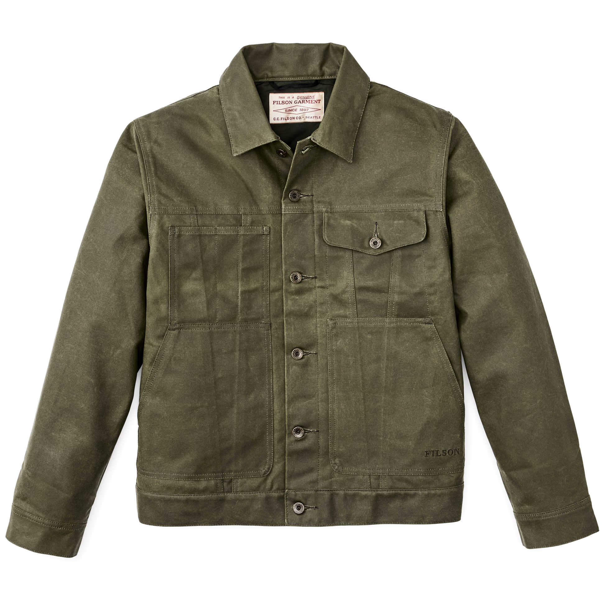 Front-facing image of the Filson Tin Cloth Short Lined Cruiser Jacket - Military Green