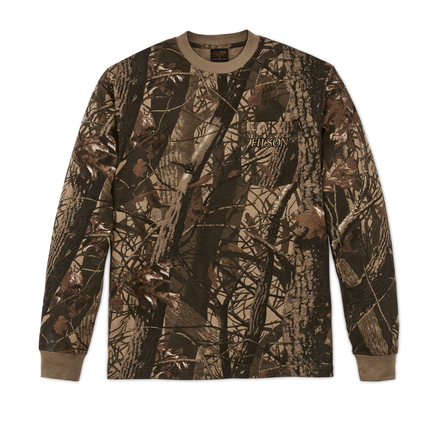 Front-facing image of the Filson Long Sleeve Frontier Embroidered Pocket T-shirt - Realtree Hardwoods Camo