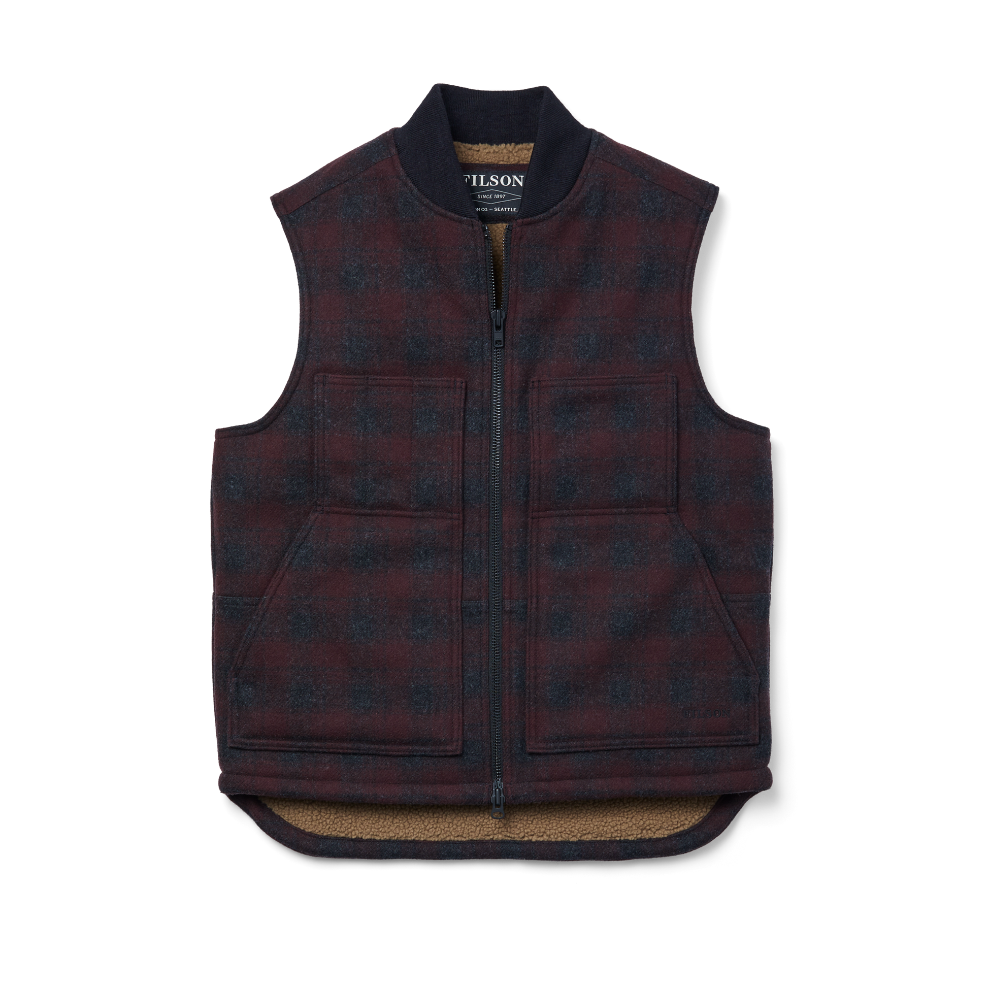 Front-facing image of the Filson Lined Mackinaw Wool Work Vest - Maroon / Charcoal Plaid