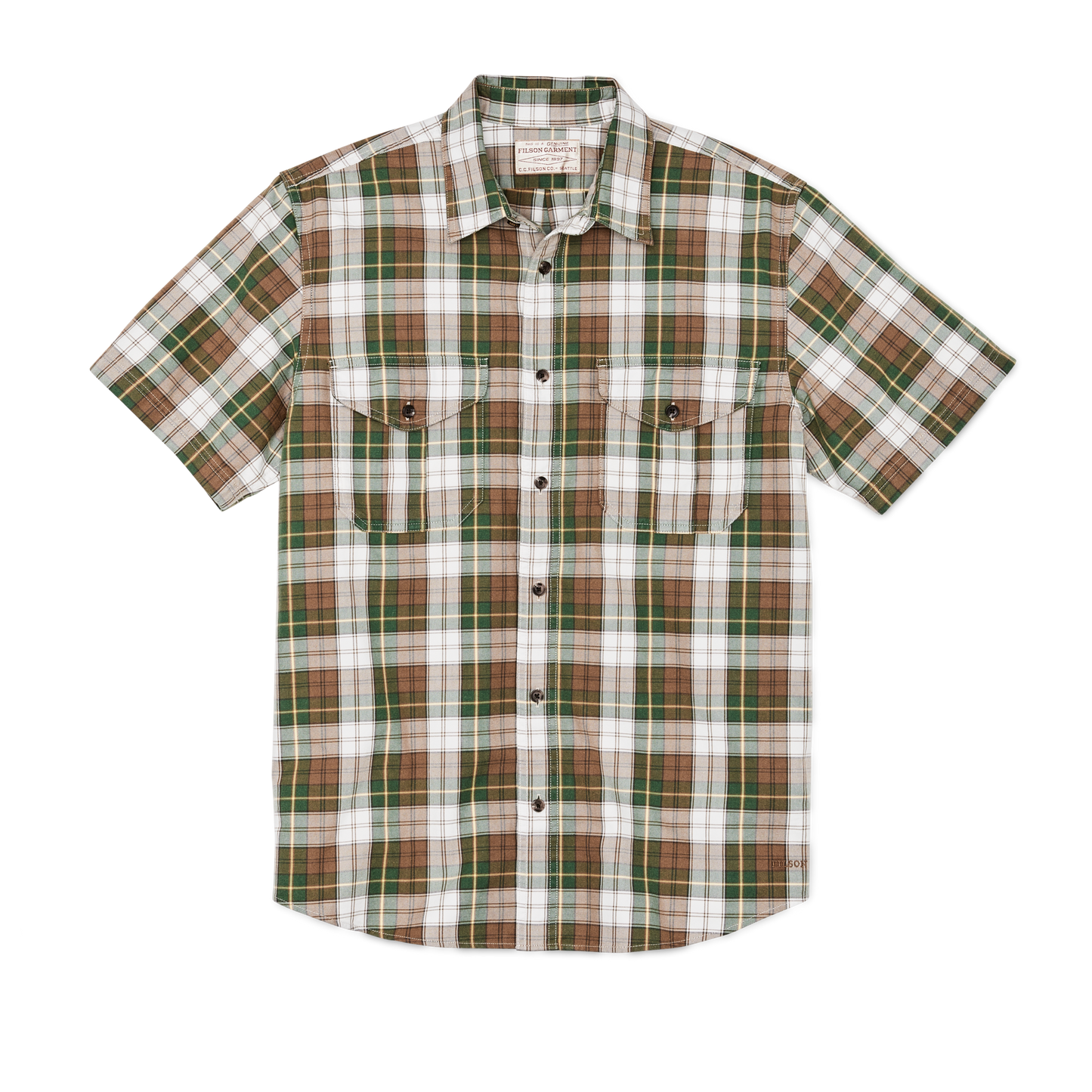 Front-facing image of the Filson Short Sleeve Lightweight Alaskan Guide Shirt  - Green / White / Brown Plaid