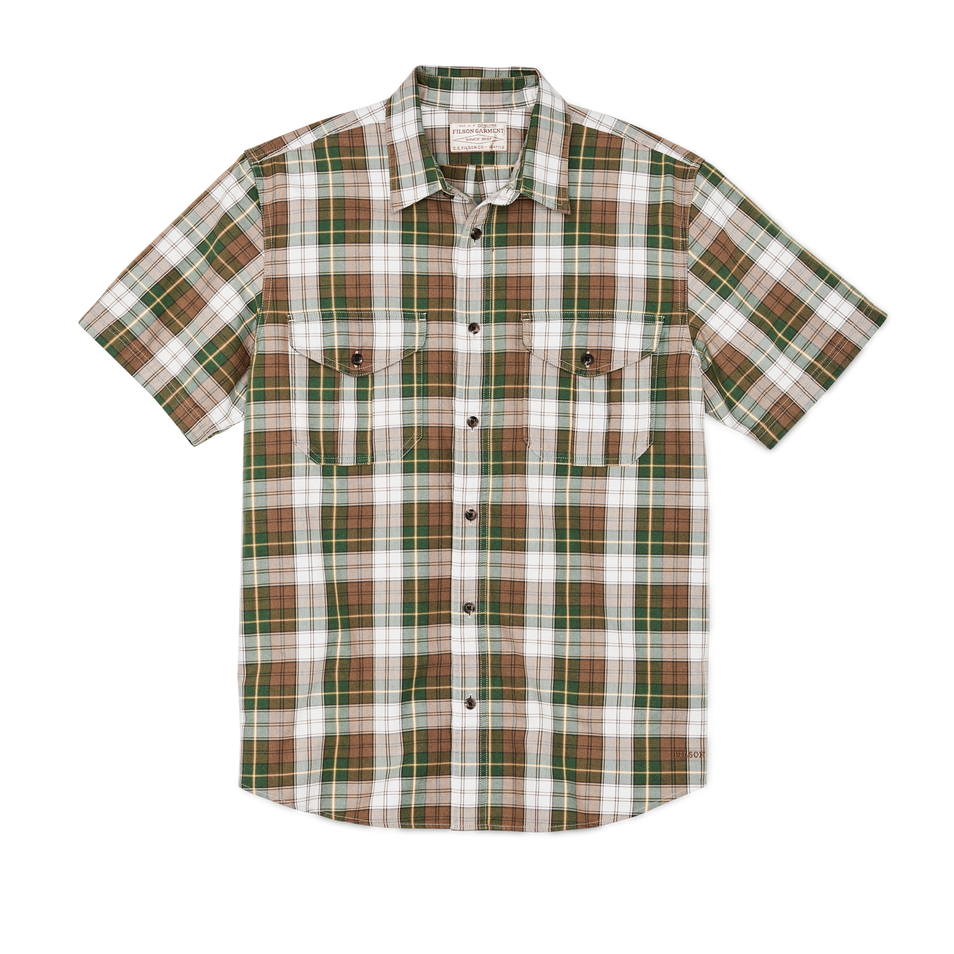 Front-facing image of the Filson Short Sleeve Lightweight Alaskan Guide Shirt  - Green / White / Brown Plaid