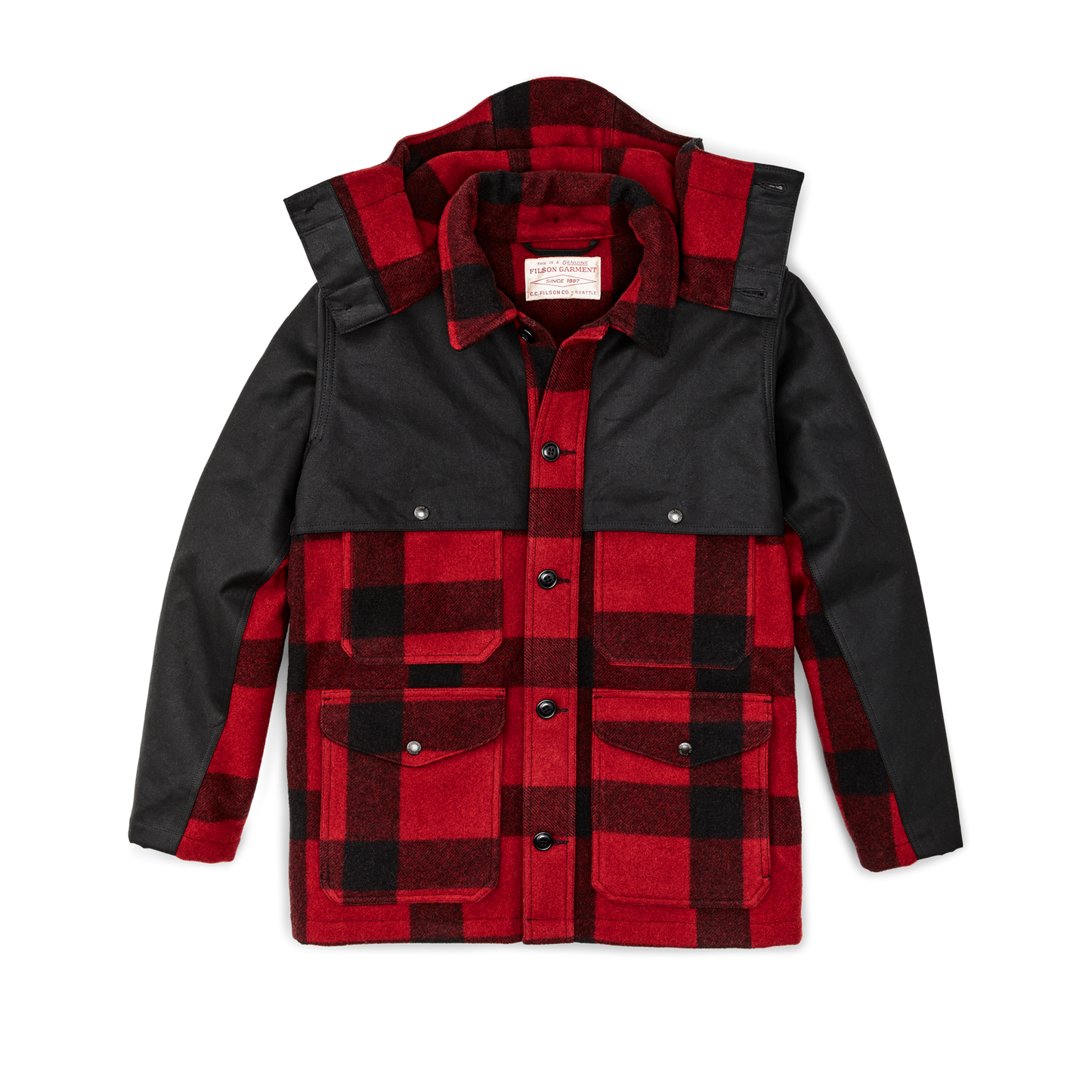 Front-facing image of the Filson Mackinaw Wool Double Coat  - Red Black Classic Plaid