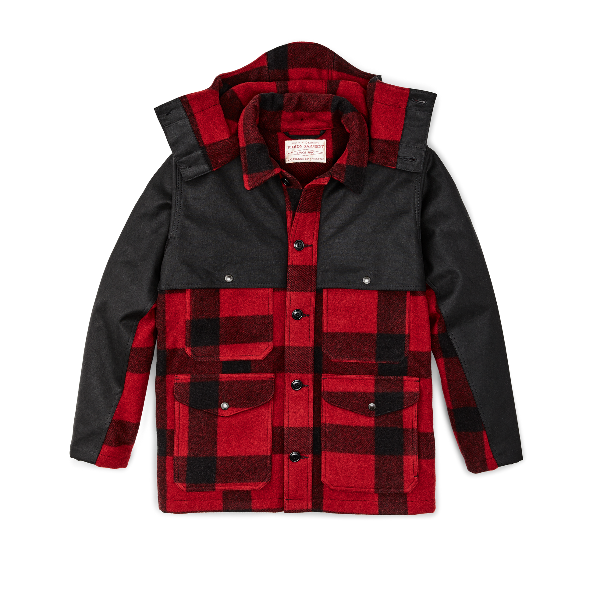 Front-facing image of the Filson Mackinaw Wool Double Coat  - Red Black Classic Plaid