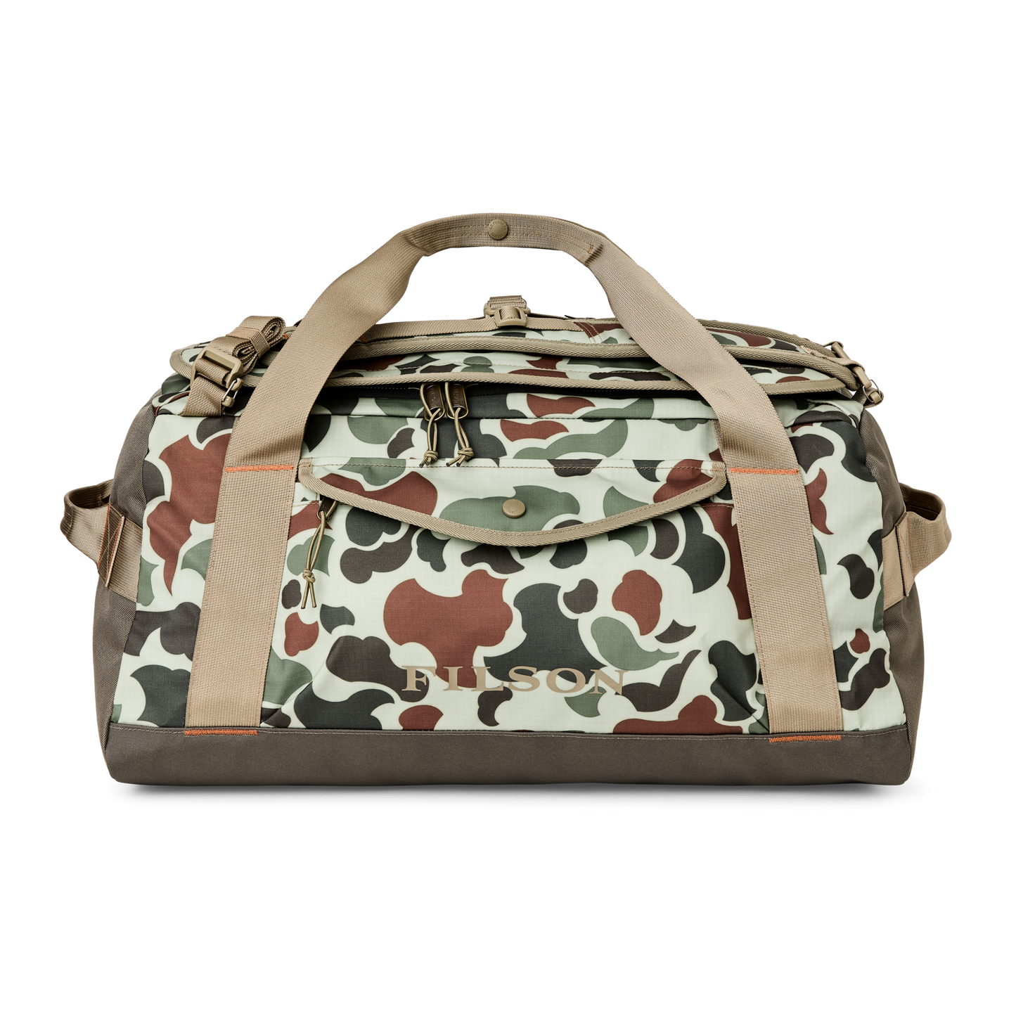 Front-facing image of the Filson Scout Medium Duffle - Shrub Camo / Canteen / Covert