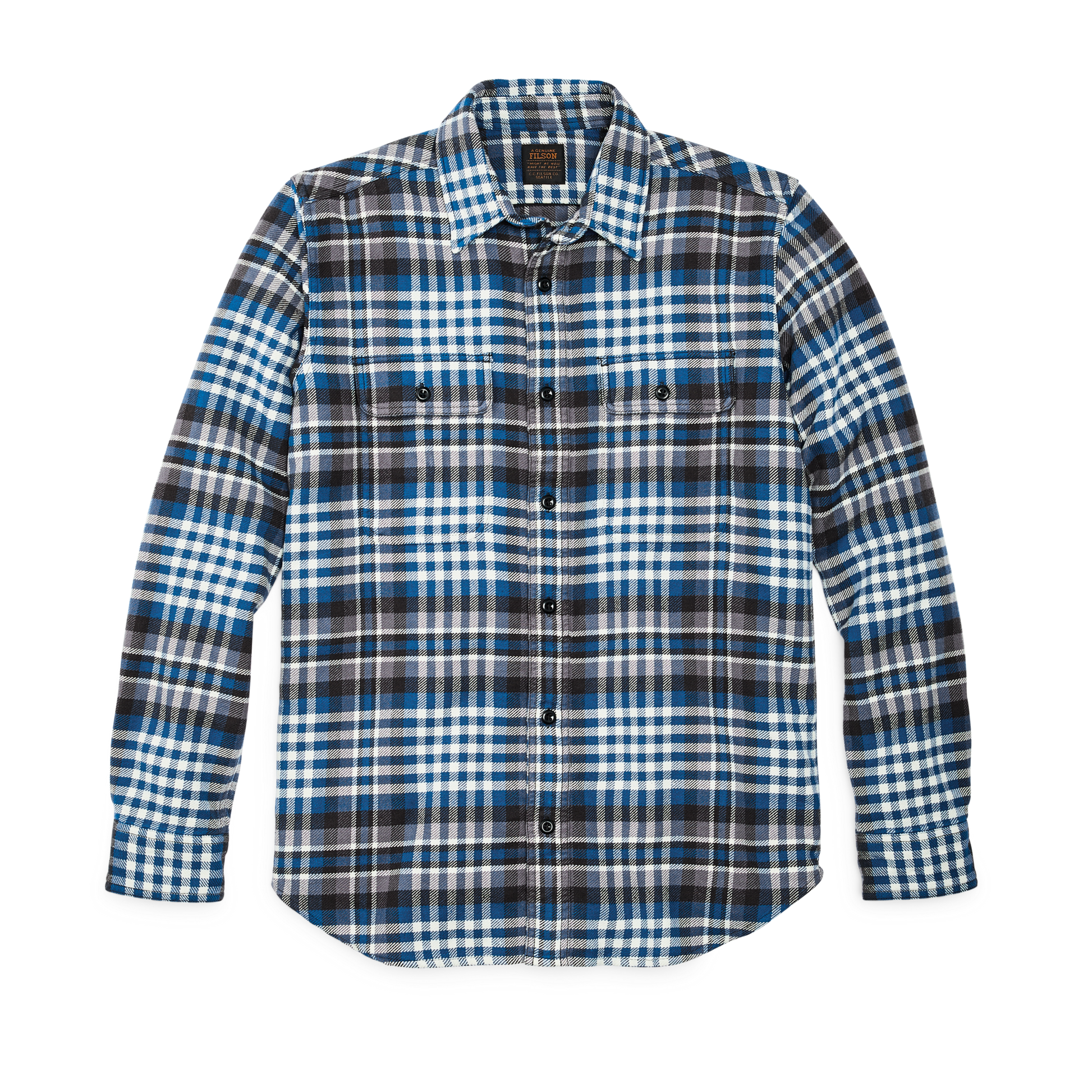 Front-facing image of the Filson Vintage Flannel Work Shirt - Graystone / Blue