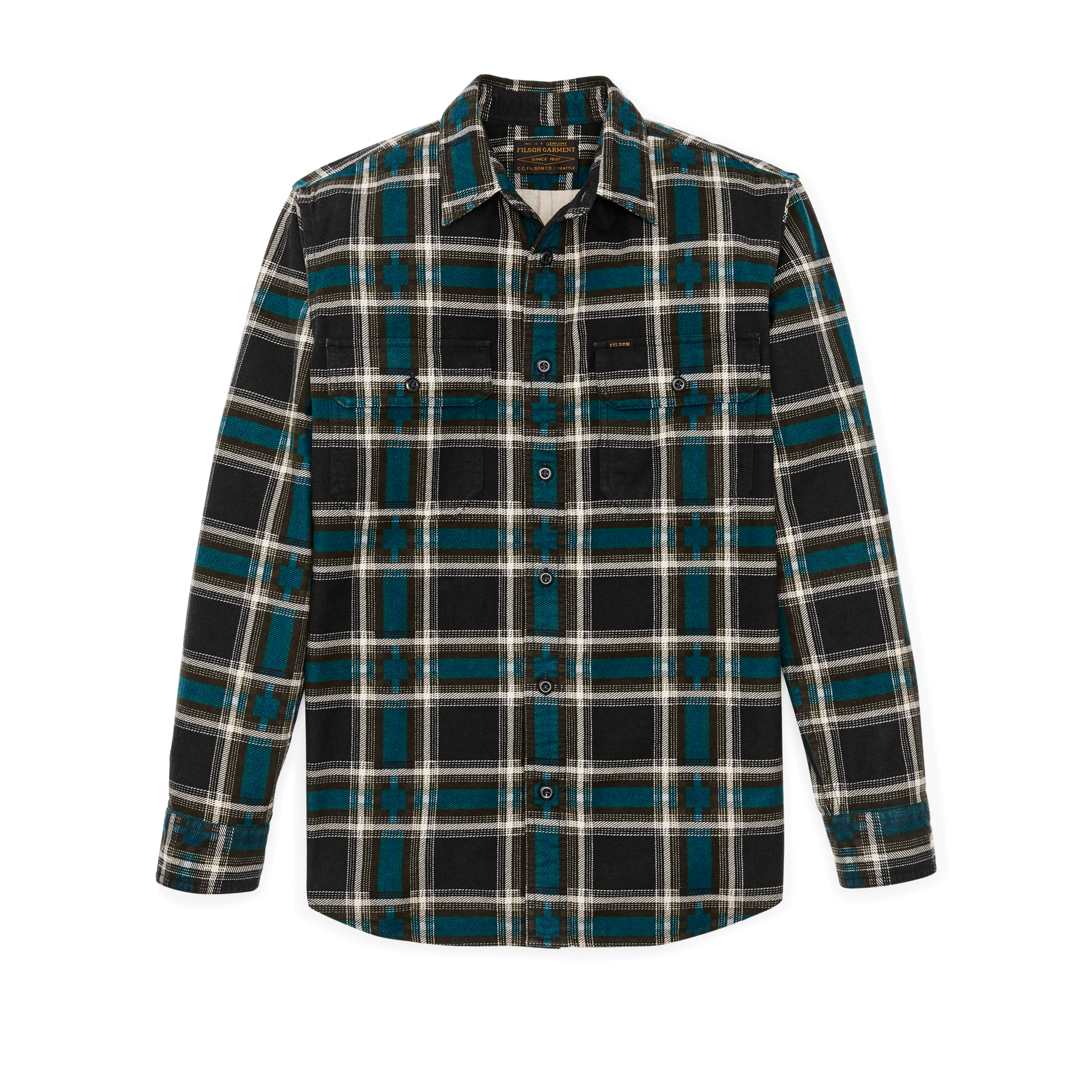 Front-facing image of the Filson Field Flannel Shirt - Brown / Blue / Multi Plaid