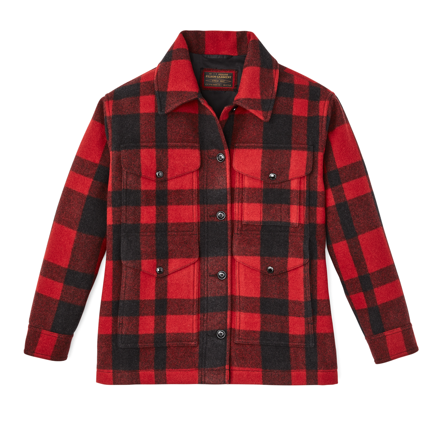 Front-facing image of the Filson Women's Mackinaw Wool Cruiser Jacket - Red / Black Plaid