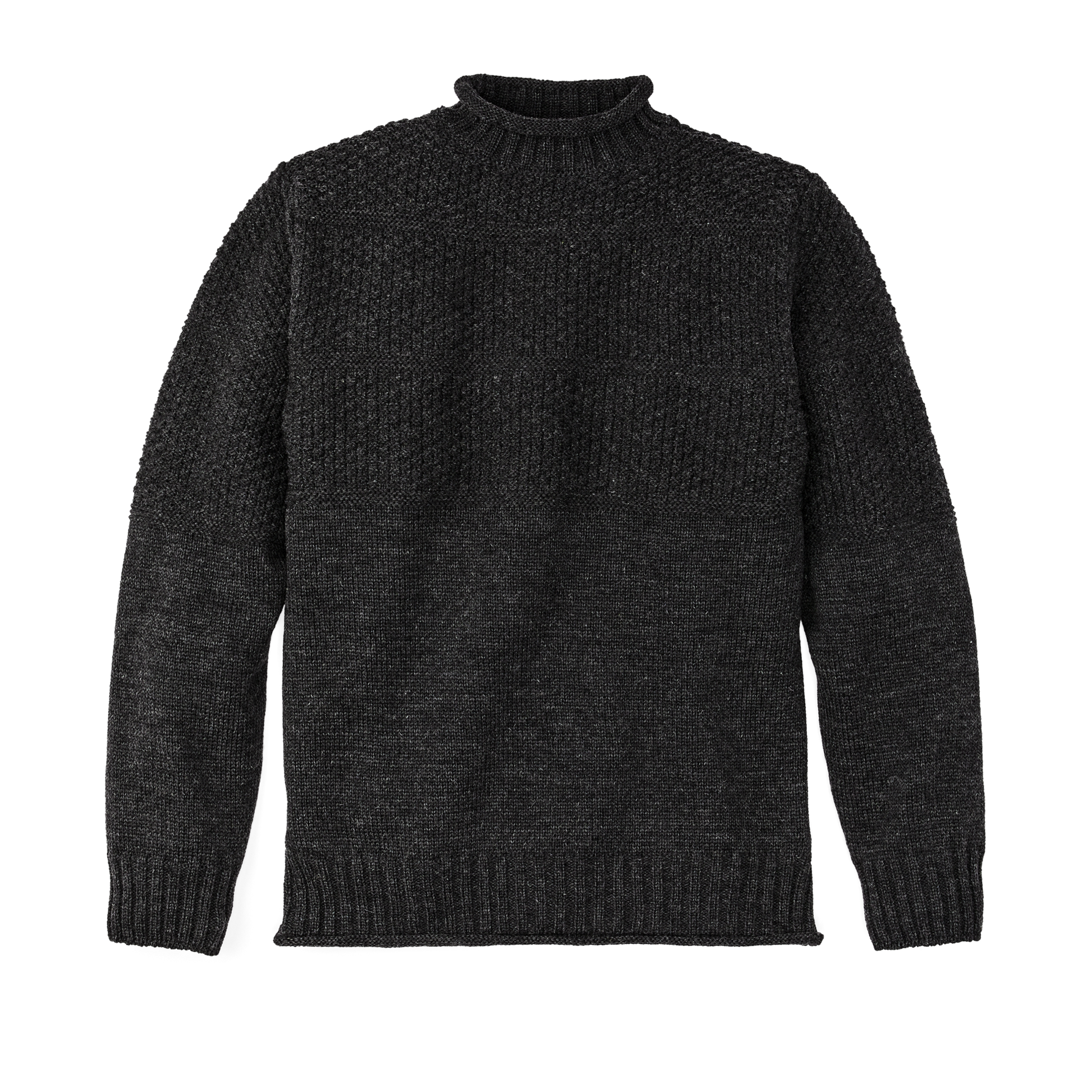 Front-facing image of the Filson Wool Roll Neck Fisherman's Sweater - Charcoal Heather