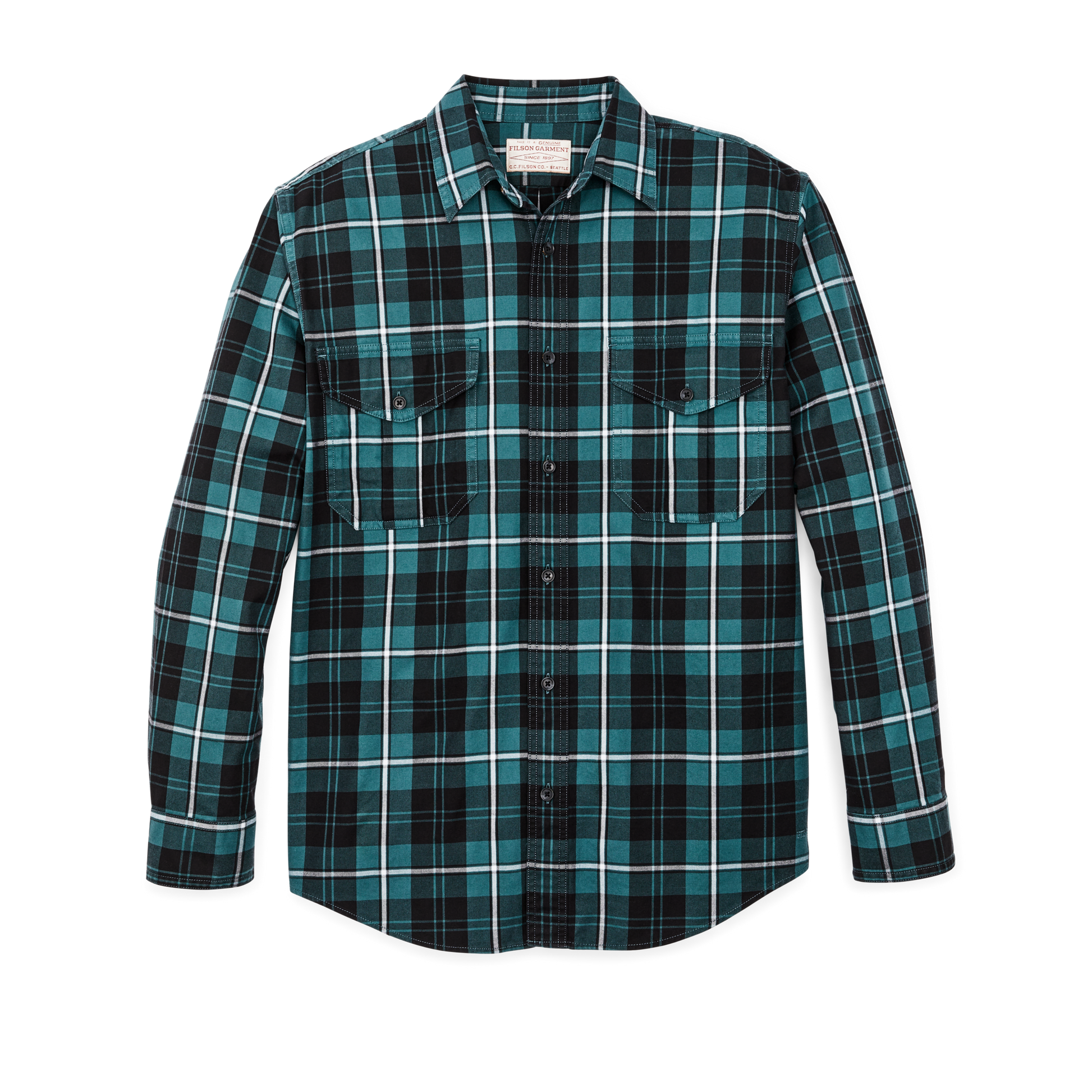 Front-facing image of the Filson Lightweight Alaskan Guide Shirt - Petrol / Black / White Plaid